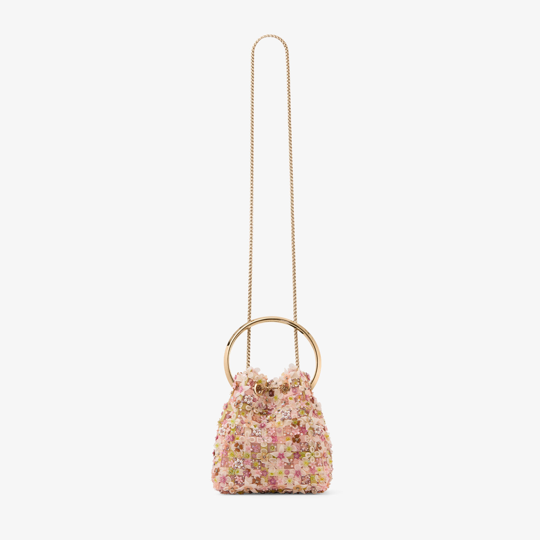 Bon Bon | Rose Mesh Bucket Bag with Flower Embroidery | JIMMY CHOO