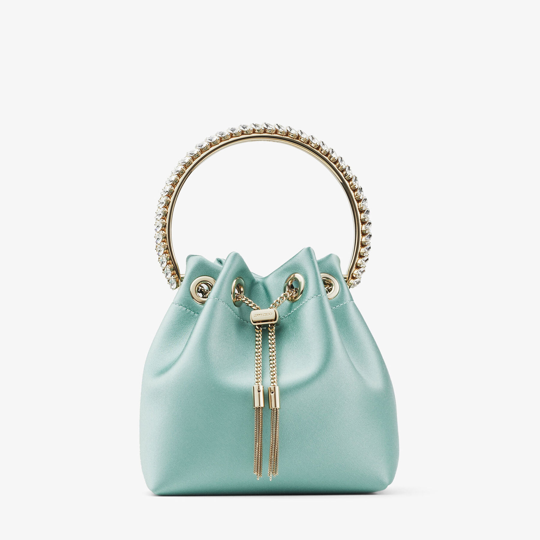 Bon Bon | Smoke Green Satin Bag with Crystal Handle | JIMMY CHOO