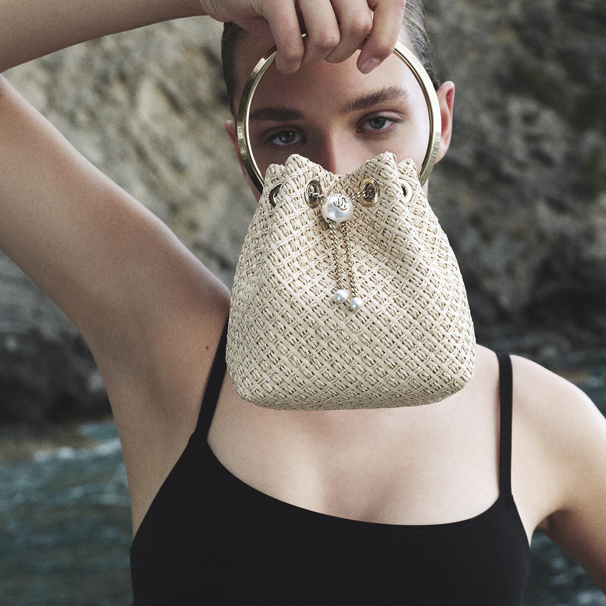 JIMMY CHOO かごバック Bon Bon ビーズ装飾 2way JIMMY CHOO BON BON BEADED RAFFIA HAND BAG
