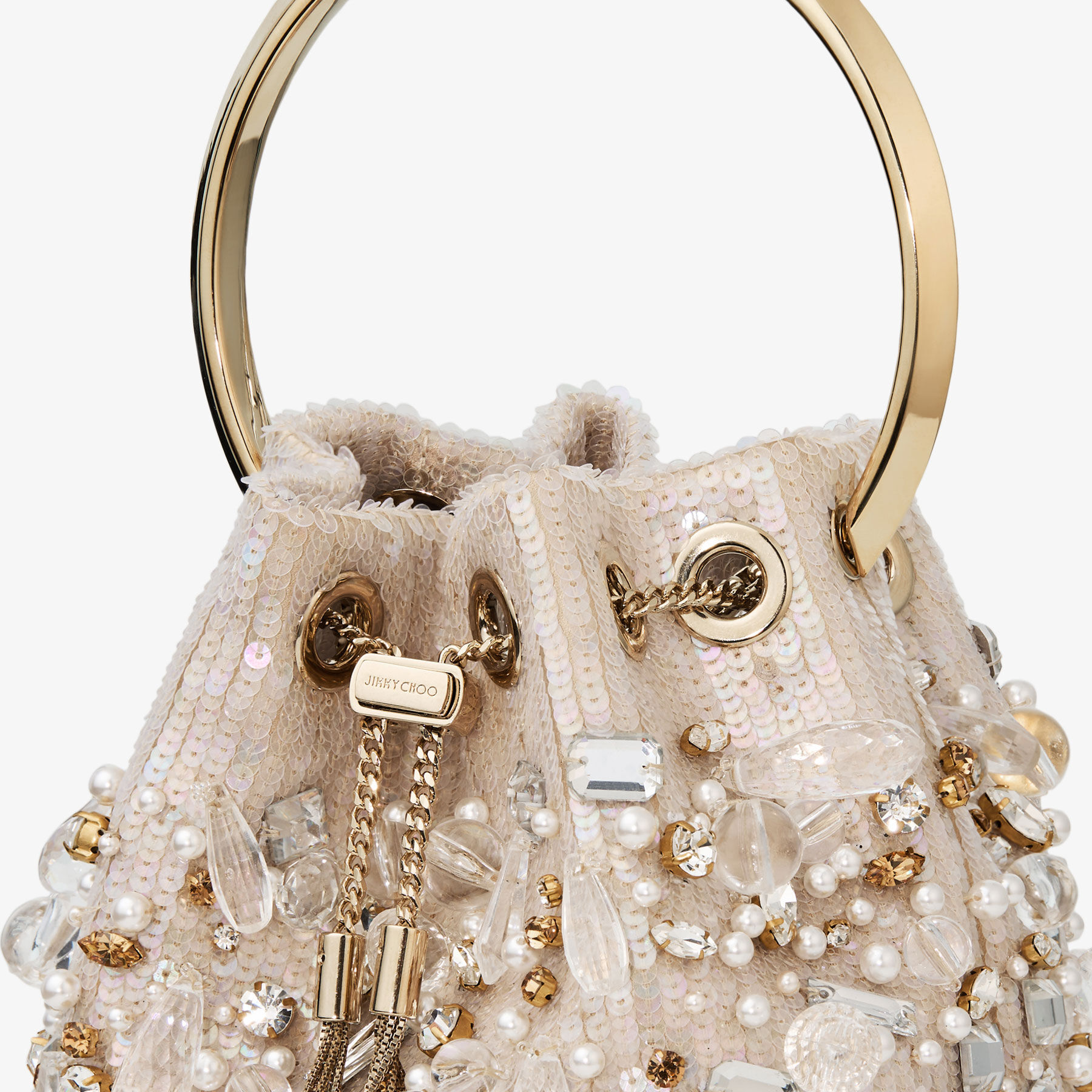 Bon Bon | Natural Satin Bucket Bag with Chandelier Embroidery