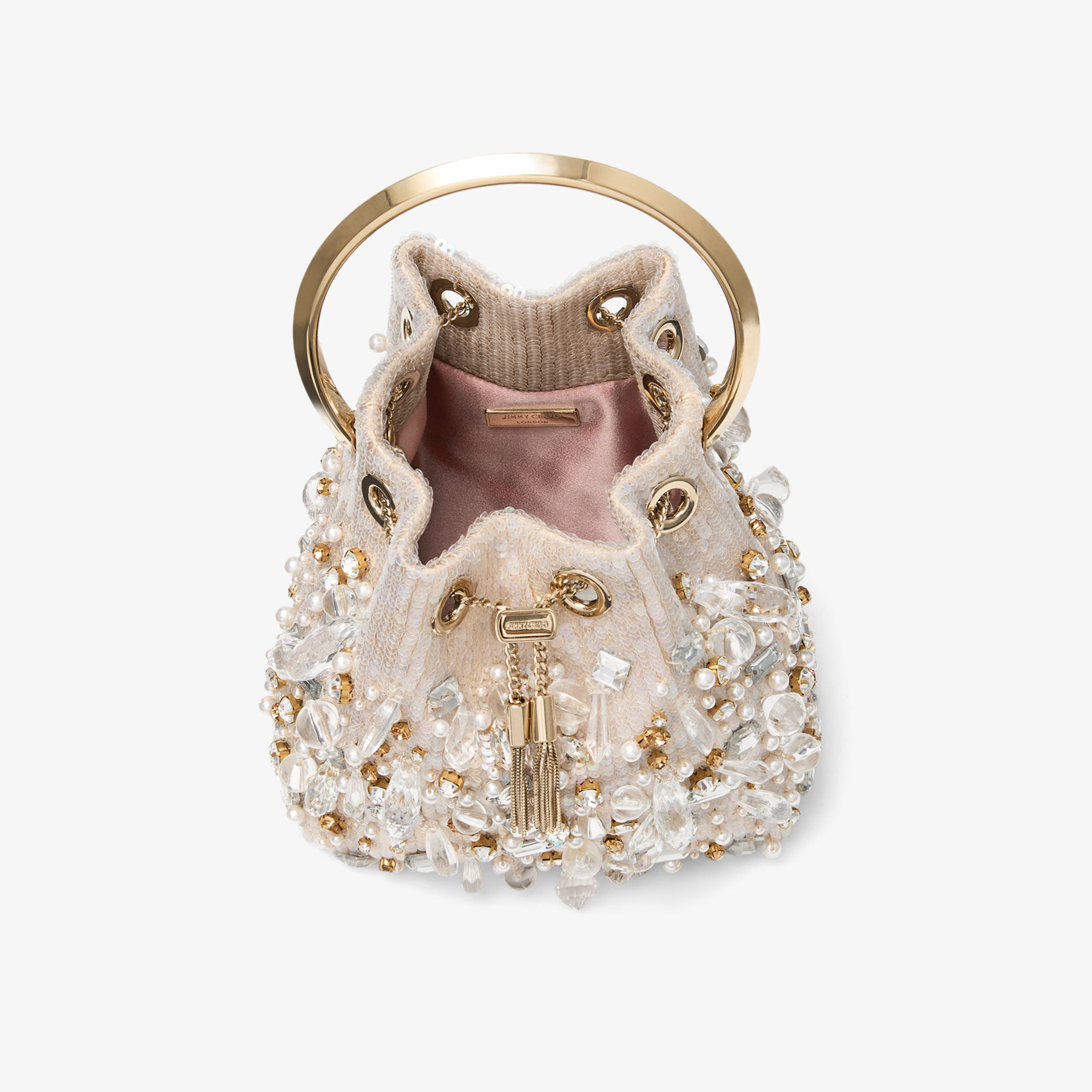 Bon Bon | Natural Satin Bucket Bag with Chandelier Embroidery