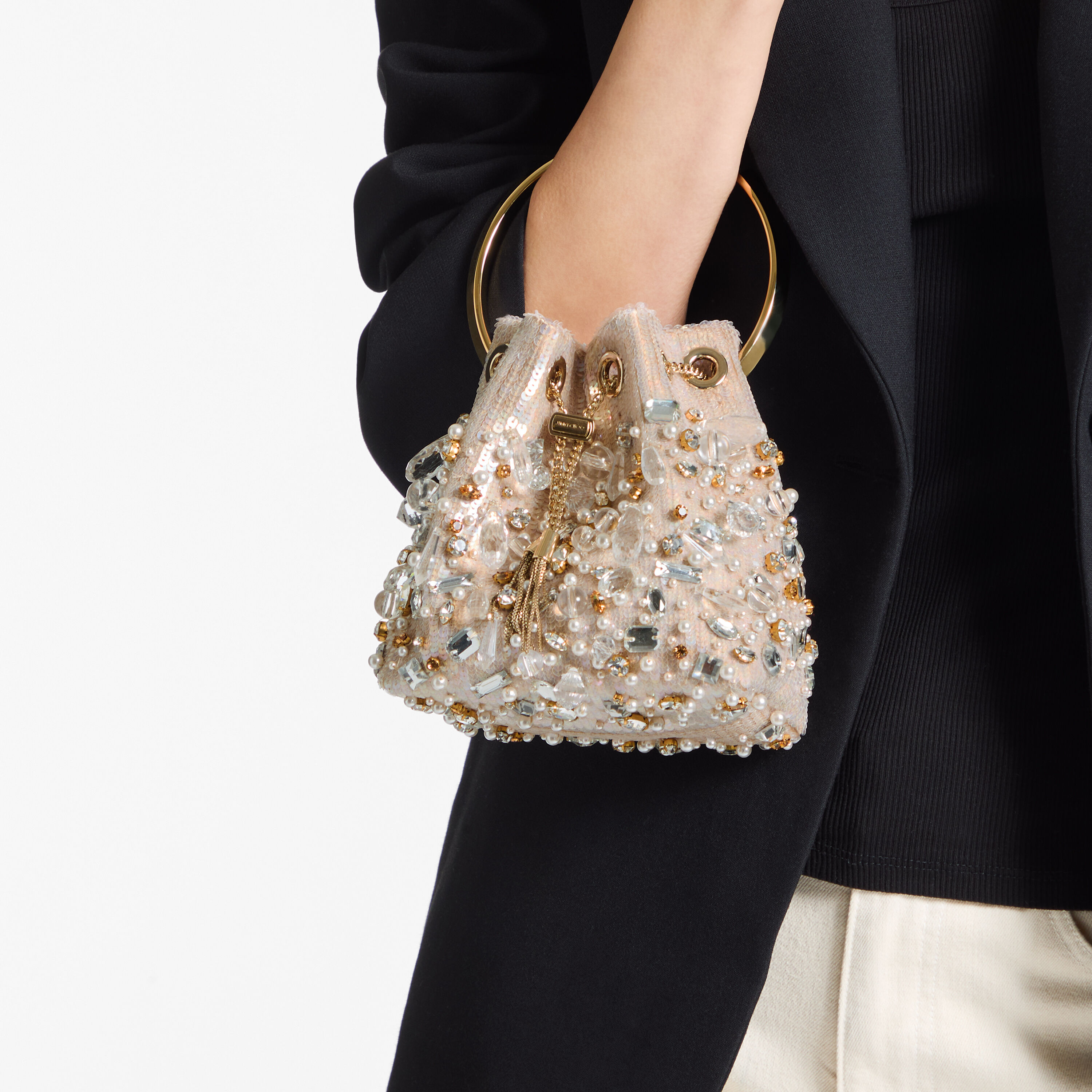 Bon Bon | Natural Satin Bucket Bag with Chandelier Embroidery