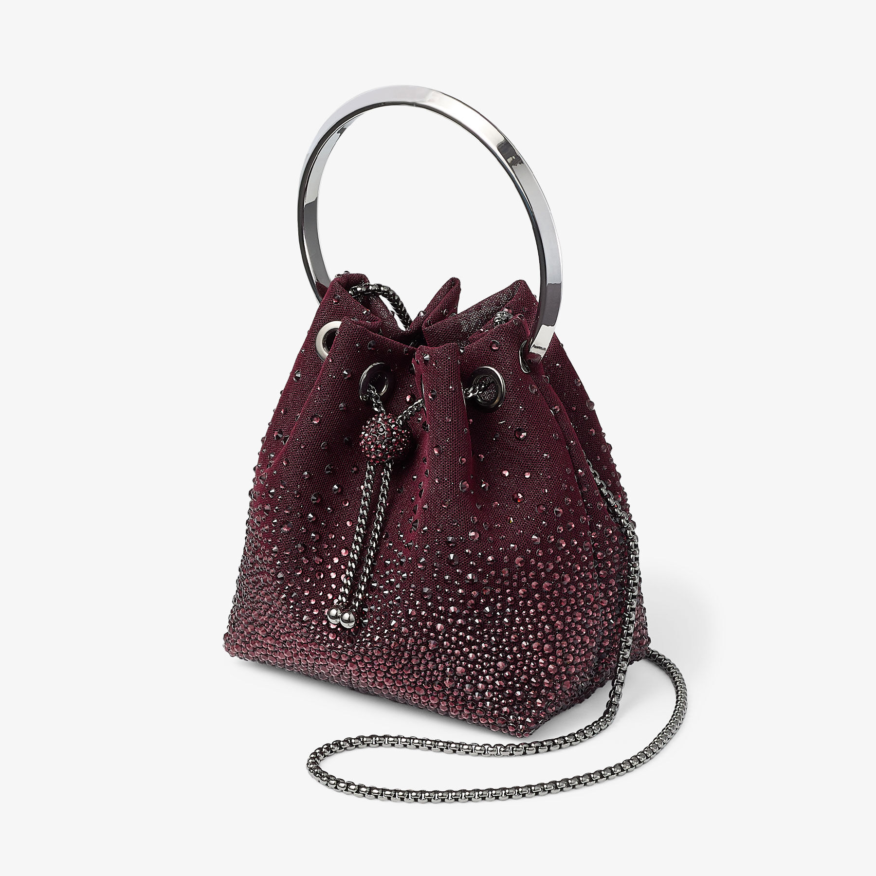 Jimmy Choo バッグ Bon Bon | Deep Merlot Mesh Bucket Bag with Degrade Galaxy Crystal