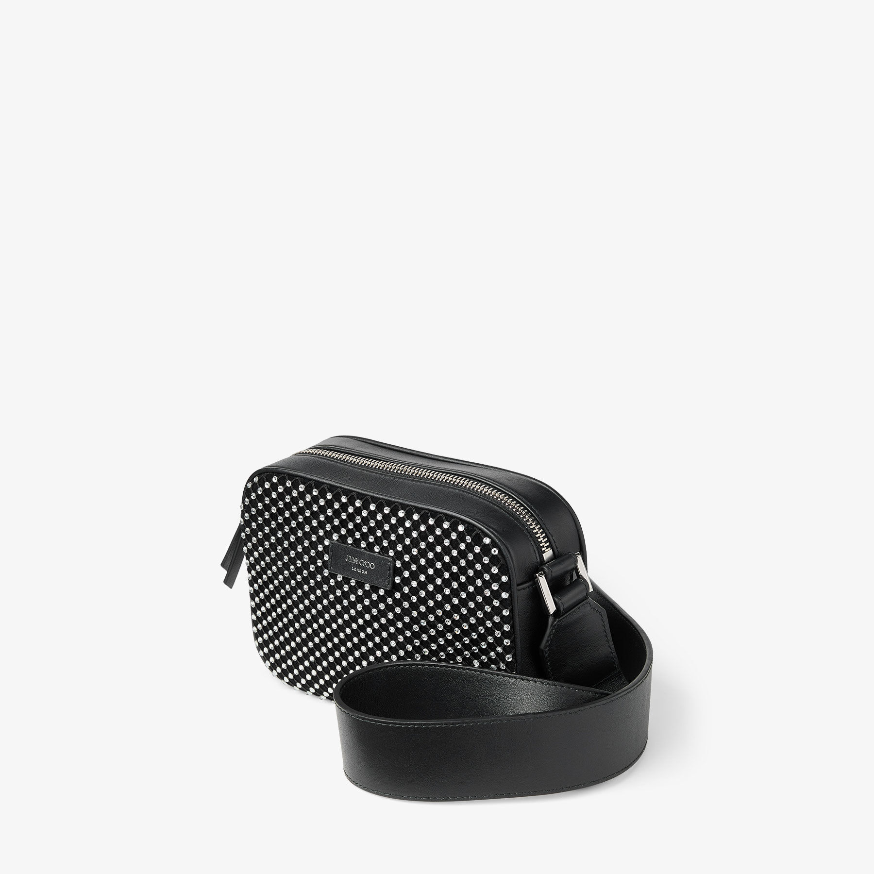 Box Camera S | Black Smooth Leather Camera Crossbody with Crystal
