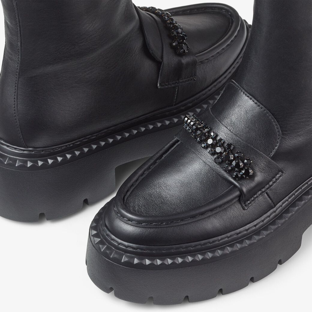 BRYER FLAT | Black Box Calf Leather Ankle Boots with Crystal