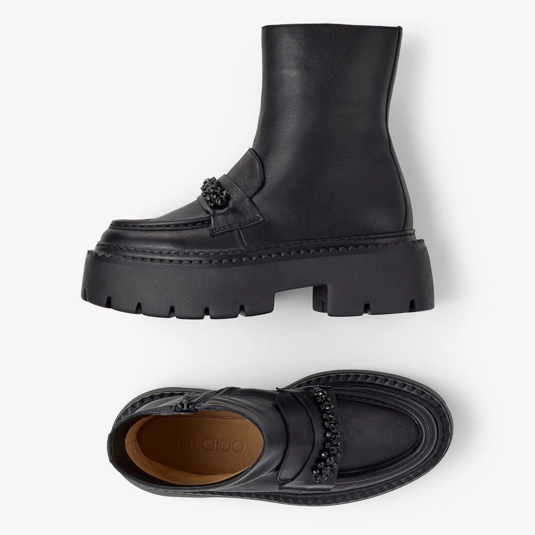 BRYER FLAT | Black Box Calf Leather Ankle Boots with Crystal