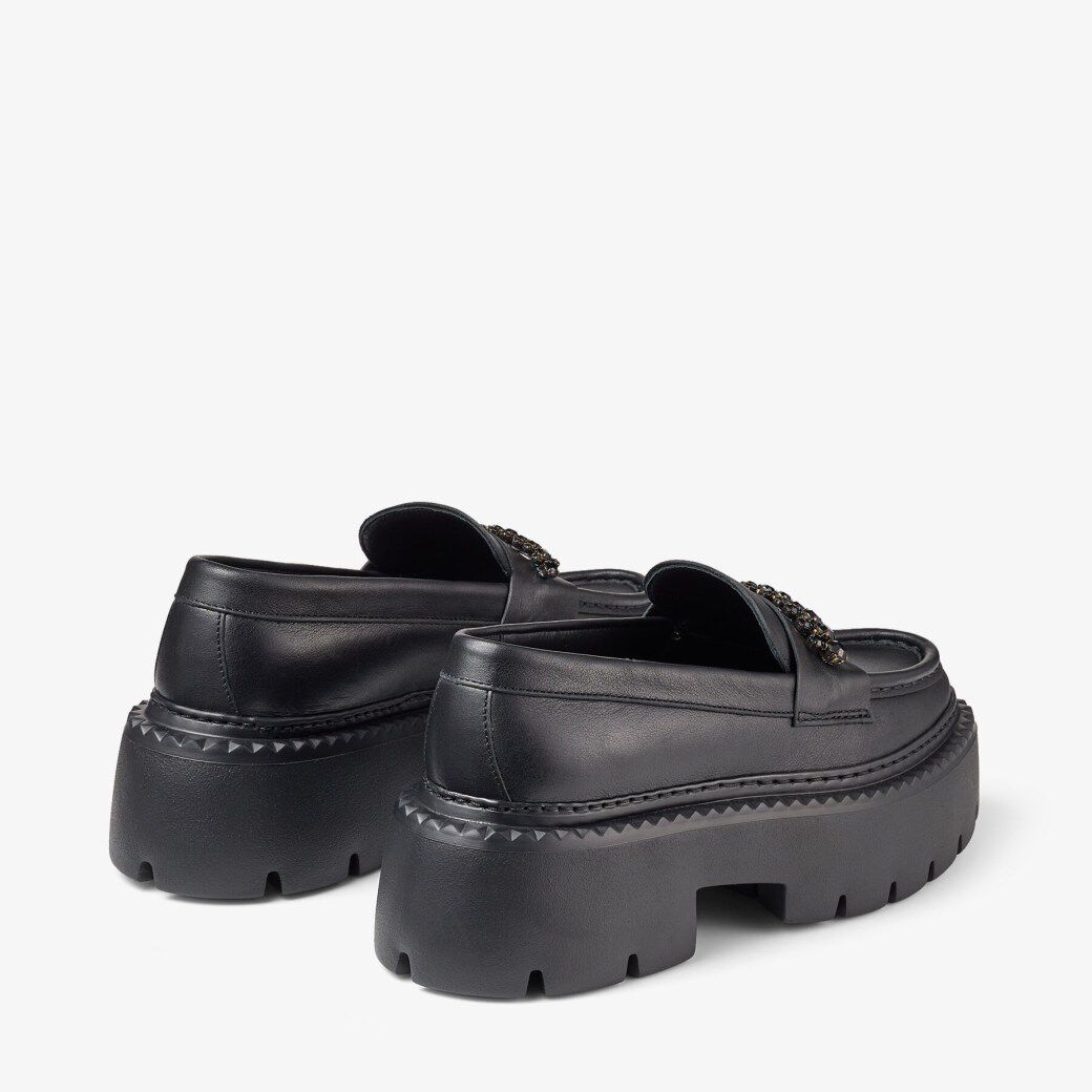 BRYER FLAT | Black Box Calf Leather Ankle Boots with Crystal