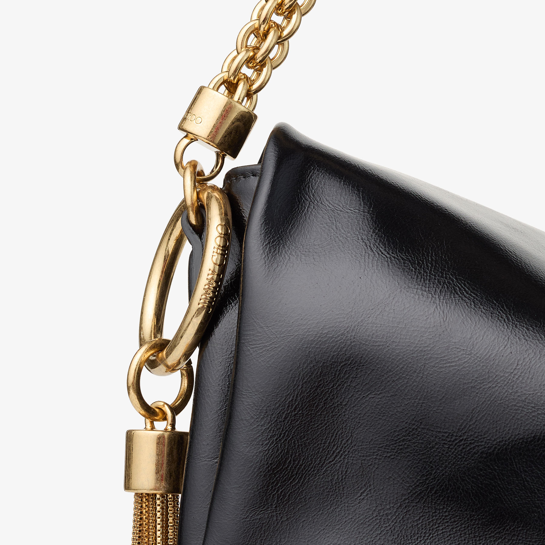 Callie Flap | Black Shiny Biker Leather Shoulder Bag | JIMMY CHOO