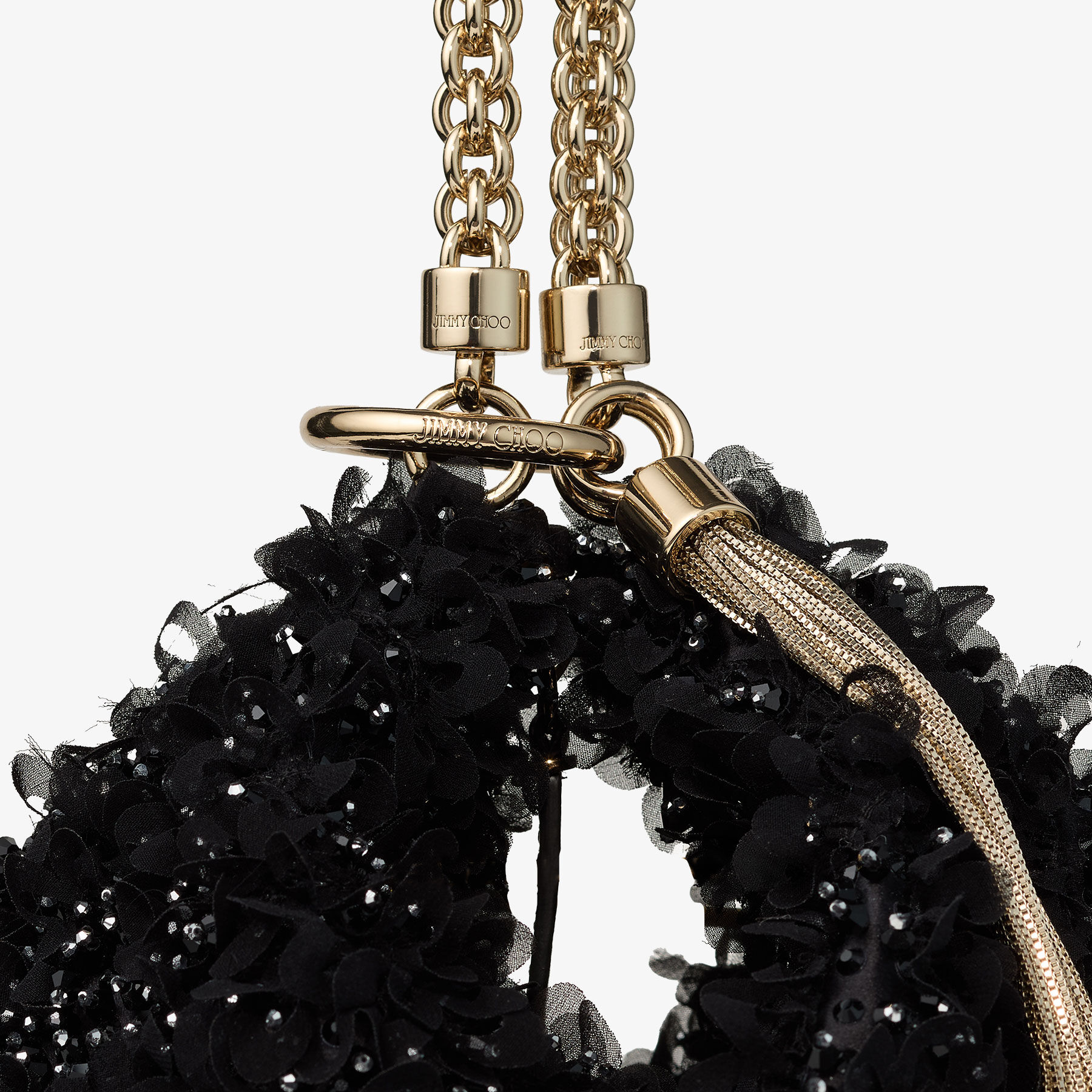 Callie | Black Satin Clutch Bag with Petal Embroidery | JIMMY CHOO
