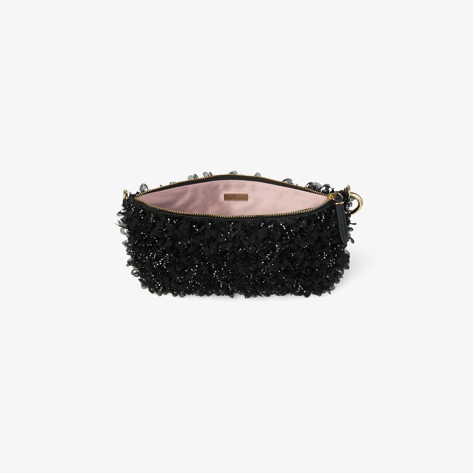 Callie | Black Satin Clutch Bag with Petal Embroidery | JIMMY CHOO