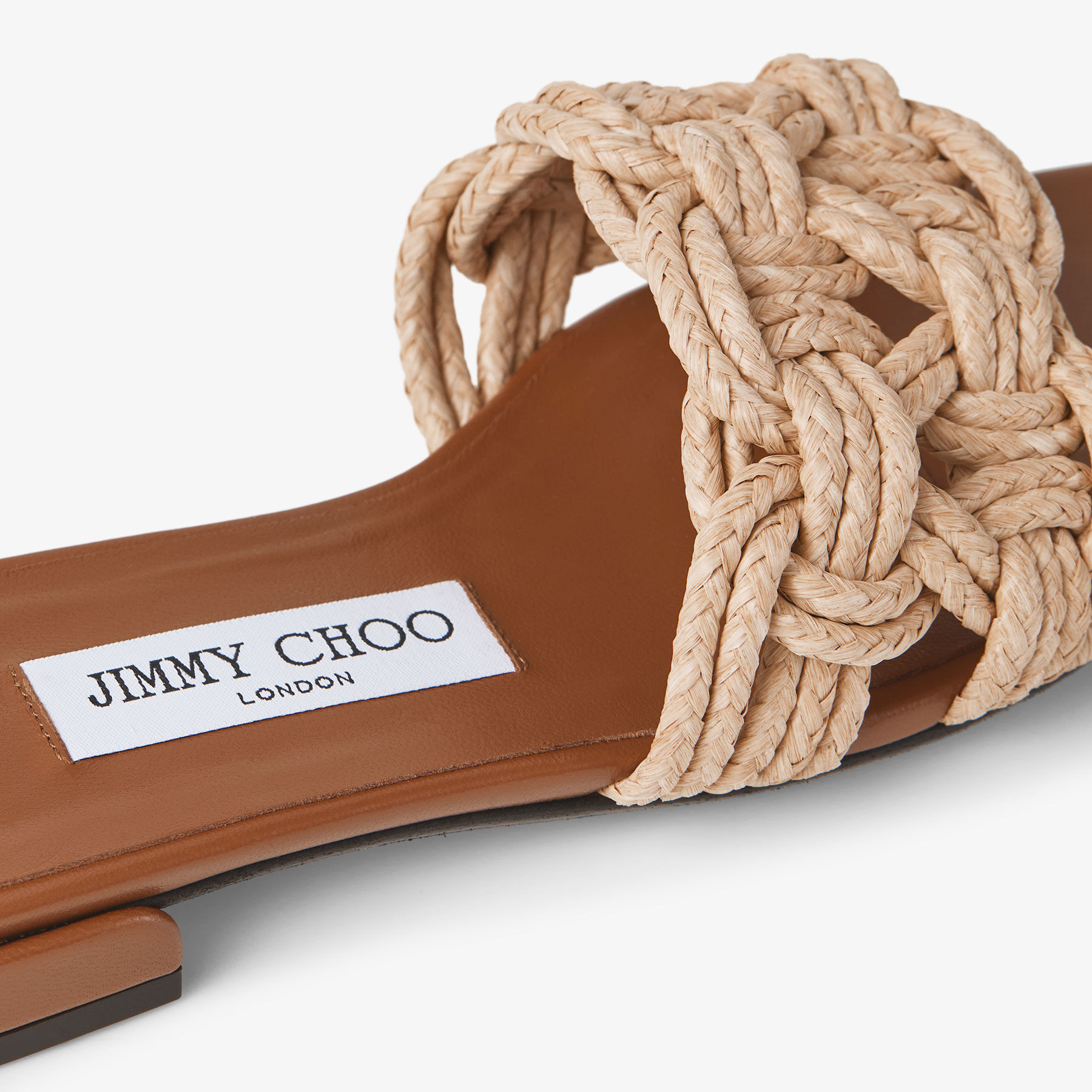 Chara Flat |Tan Leather and Crochet Raffia Slide | JIMMY CHOO