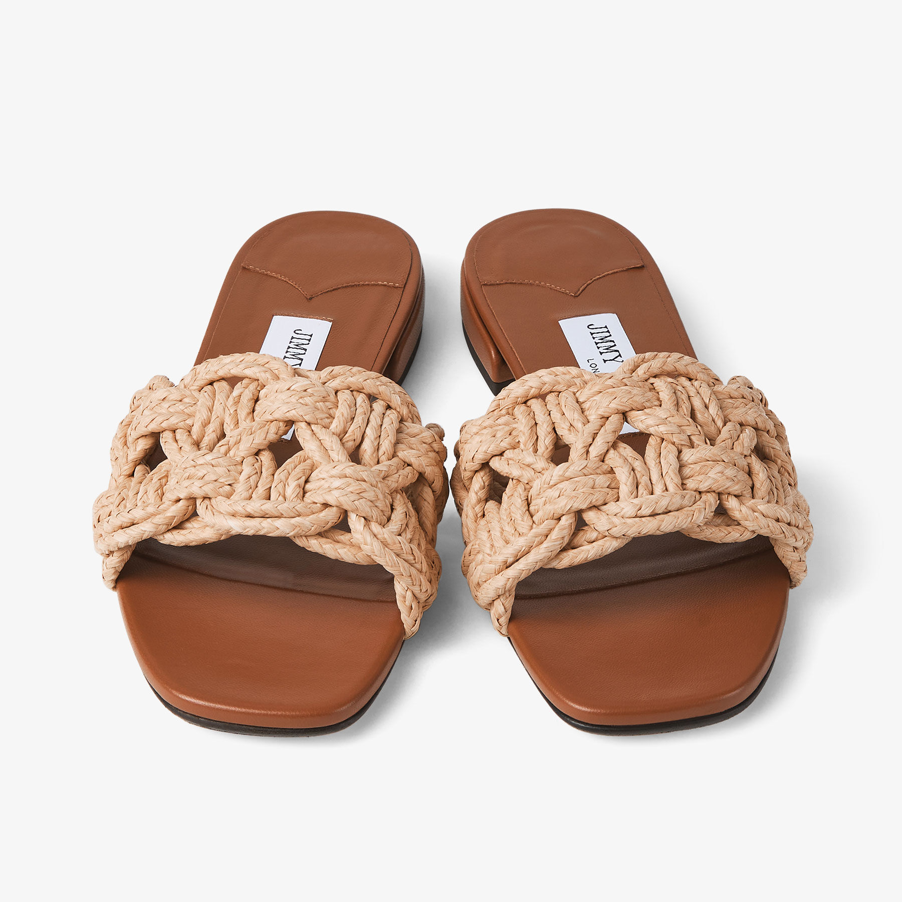 Chara Flat |Tan Leather and Crochet Raffia Slide | JIMMY CHOO