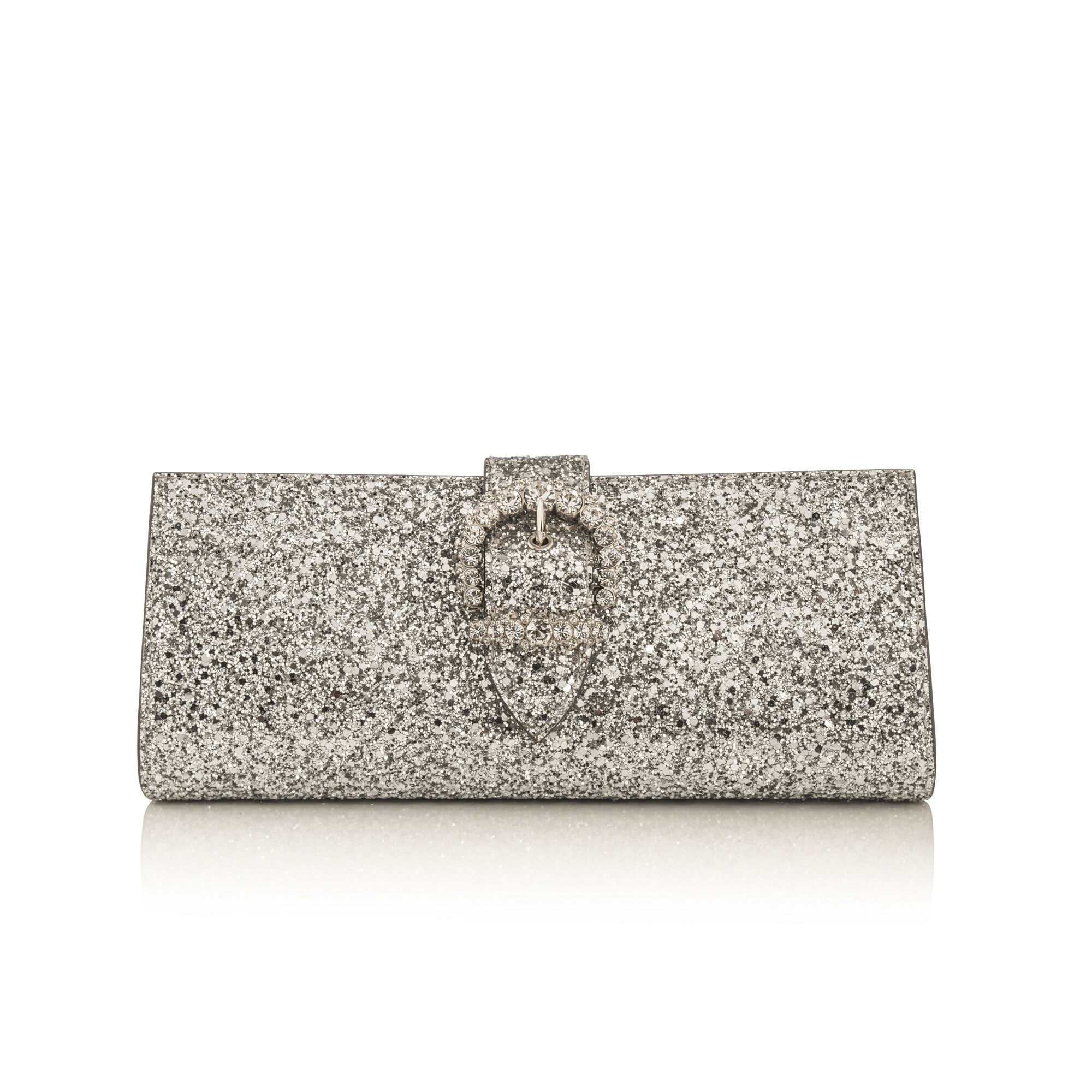 【Jimmy Choo】CHERI CLUTCH  COARSE GLITTER クラッチバッグ Cheri | Silver Glitter Clutch Bag with Crystal Buckle | New
