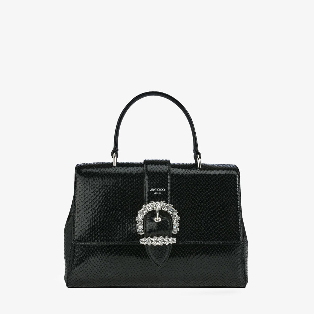 Black Soft Grainy Leather Shoulder Tote Bag with Crystal