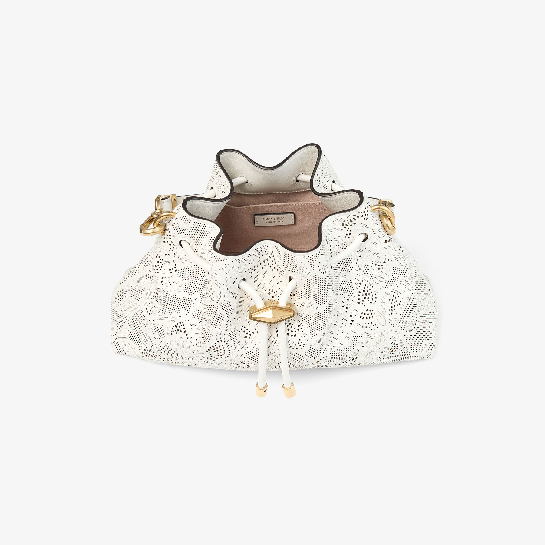 Cinch Small | Latte Perforated Lace Leather Shoulder Bag | JIMMY CHOO