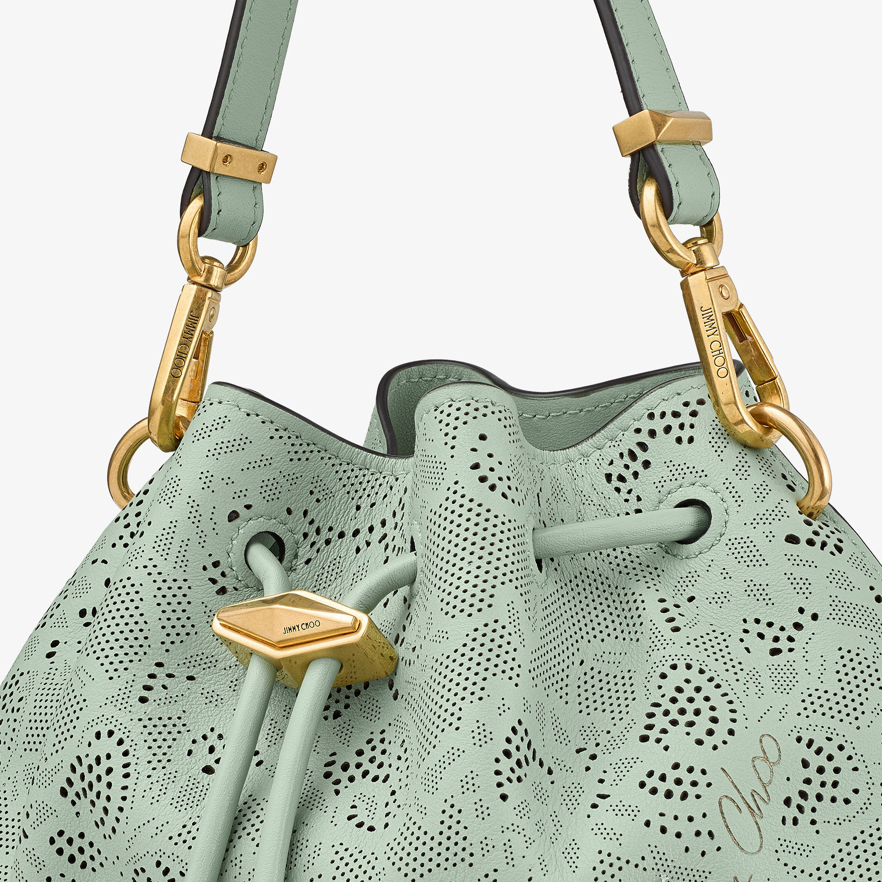 Cinch Small | Verde Jimmy Choo Perforated Leather Lace Bucket Bag