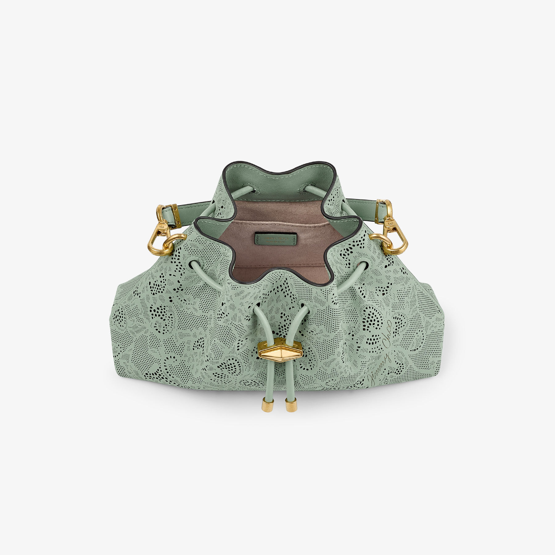 Cinch Small | Verde Jimmy Choo Perforated Leather Lace Bucket Bag