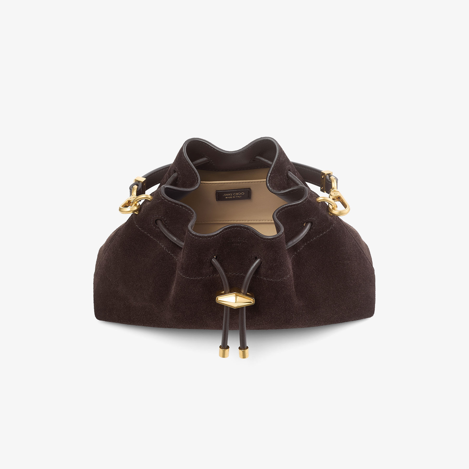 Cinch Small | Coffee Suede Bucket Bag | JIMMY CHOO