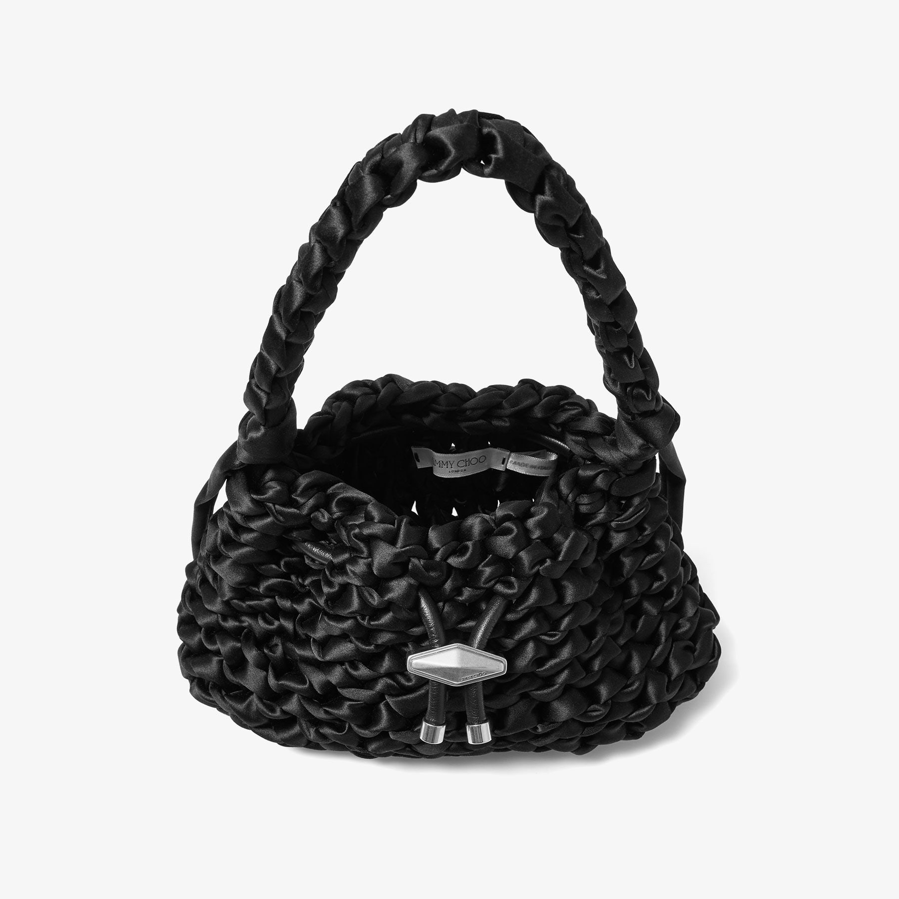 Cinch S | Black Woven Satin Shoulder Bag | JIMMY CHOO
