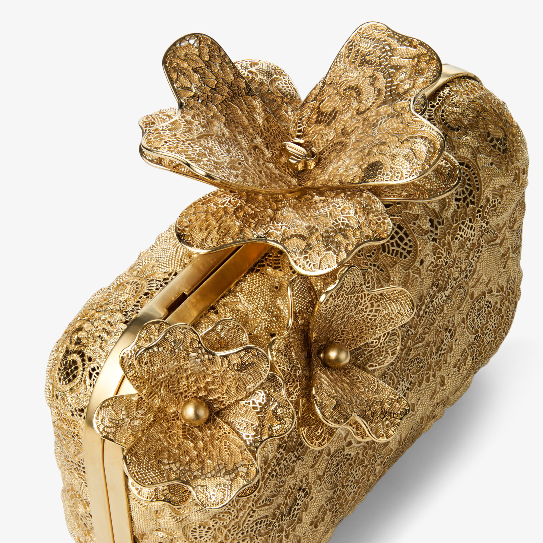 Cloud | Gold Metal Lace Clutch Bag with Corsage Clasp | JIMMY CHOO