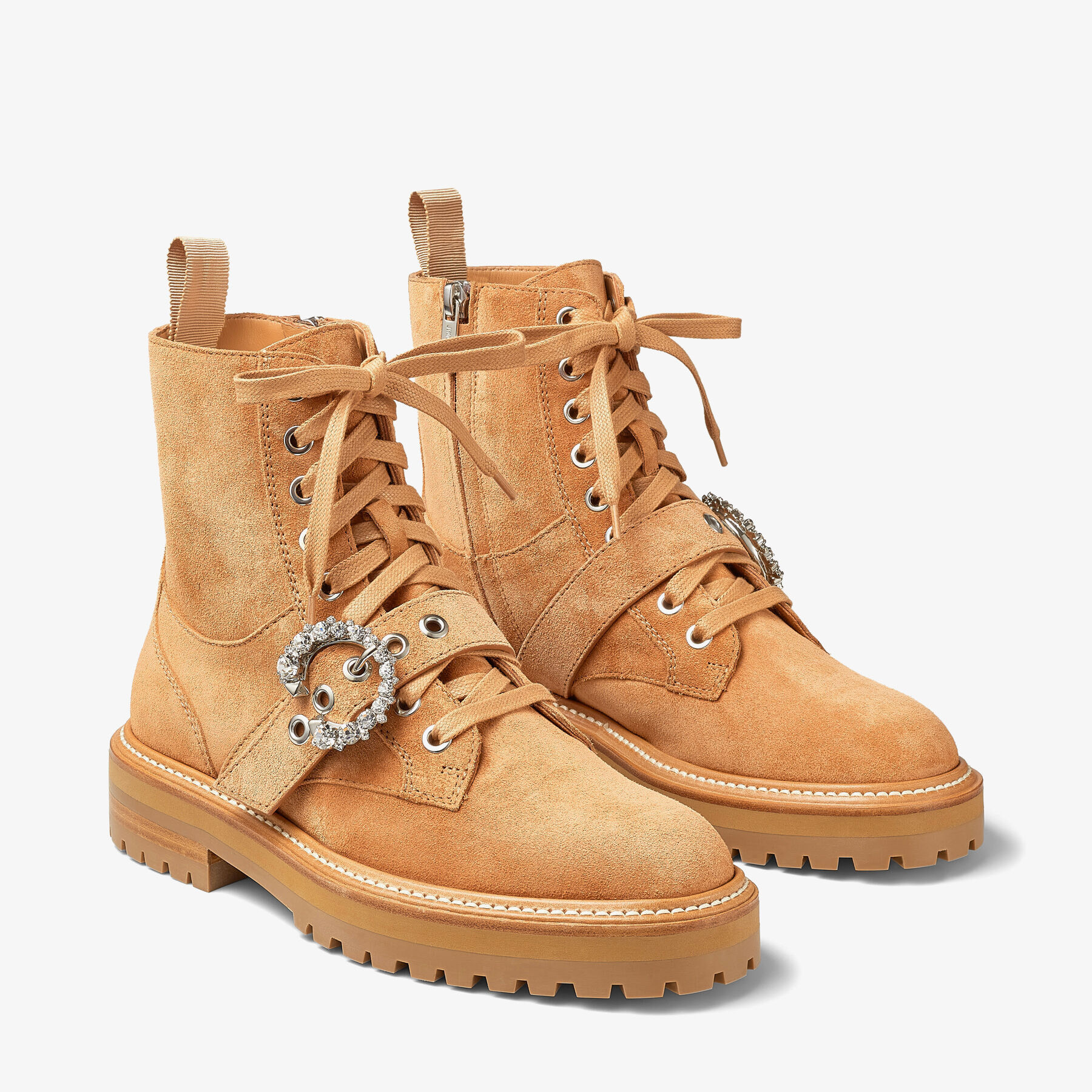 大人女性の Caramel FLAT CORA | Buckle Crystal with Boots Combat Suede 靴