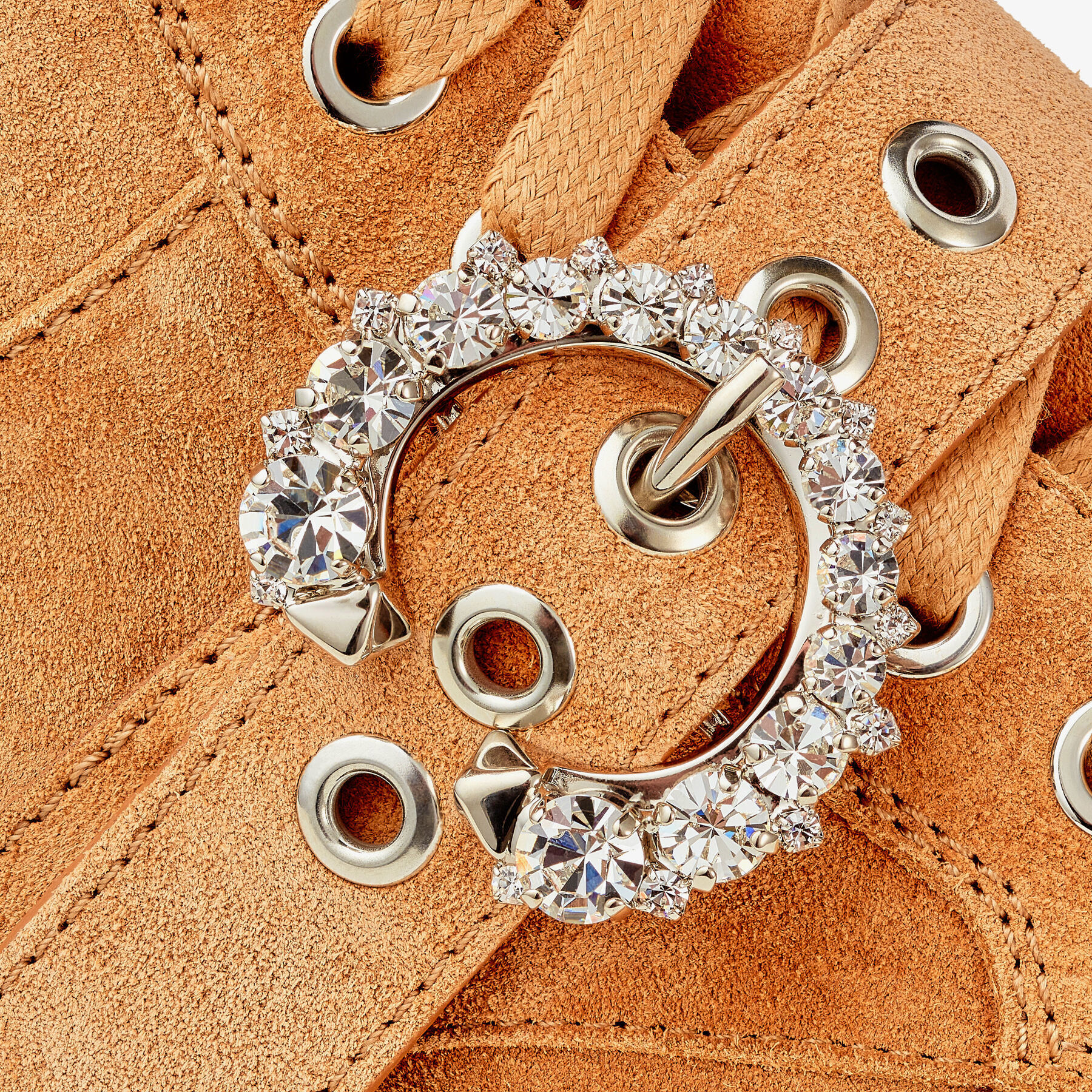 JIMMY CHOO CORA FLAT CRYSTAL コンバットブーツ Caramel Suede Combat Boots with Crystal Buckle | CORA FLAT