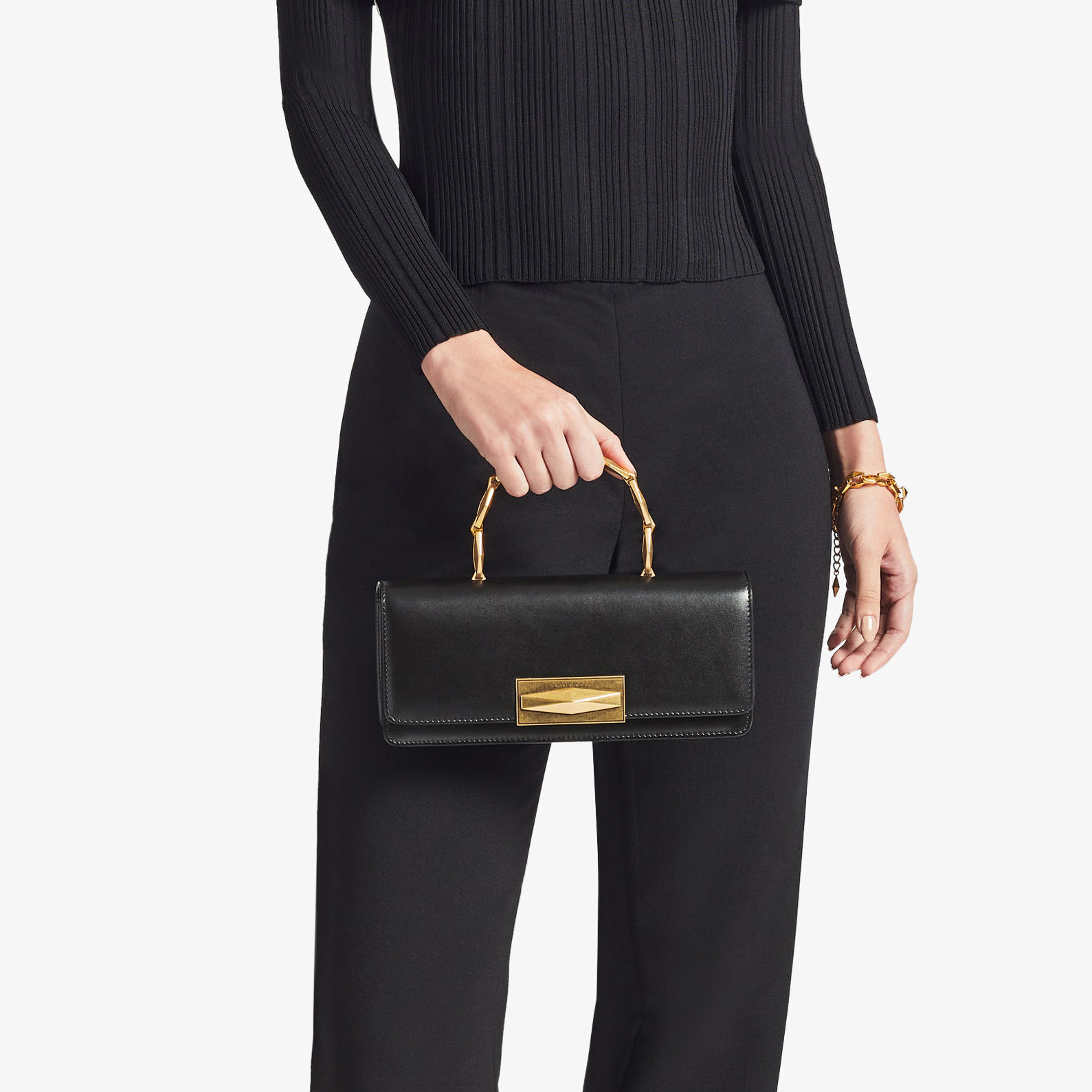 Diamond Chain Top Handle | Black Calf Leather Top Handle Bag