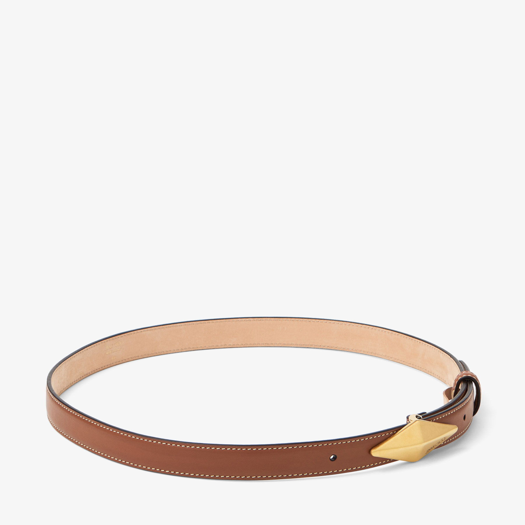 Diamond Clasp Belt | Tan Calf Leather Stitched Belt | JIMMY CHOO display picture 2