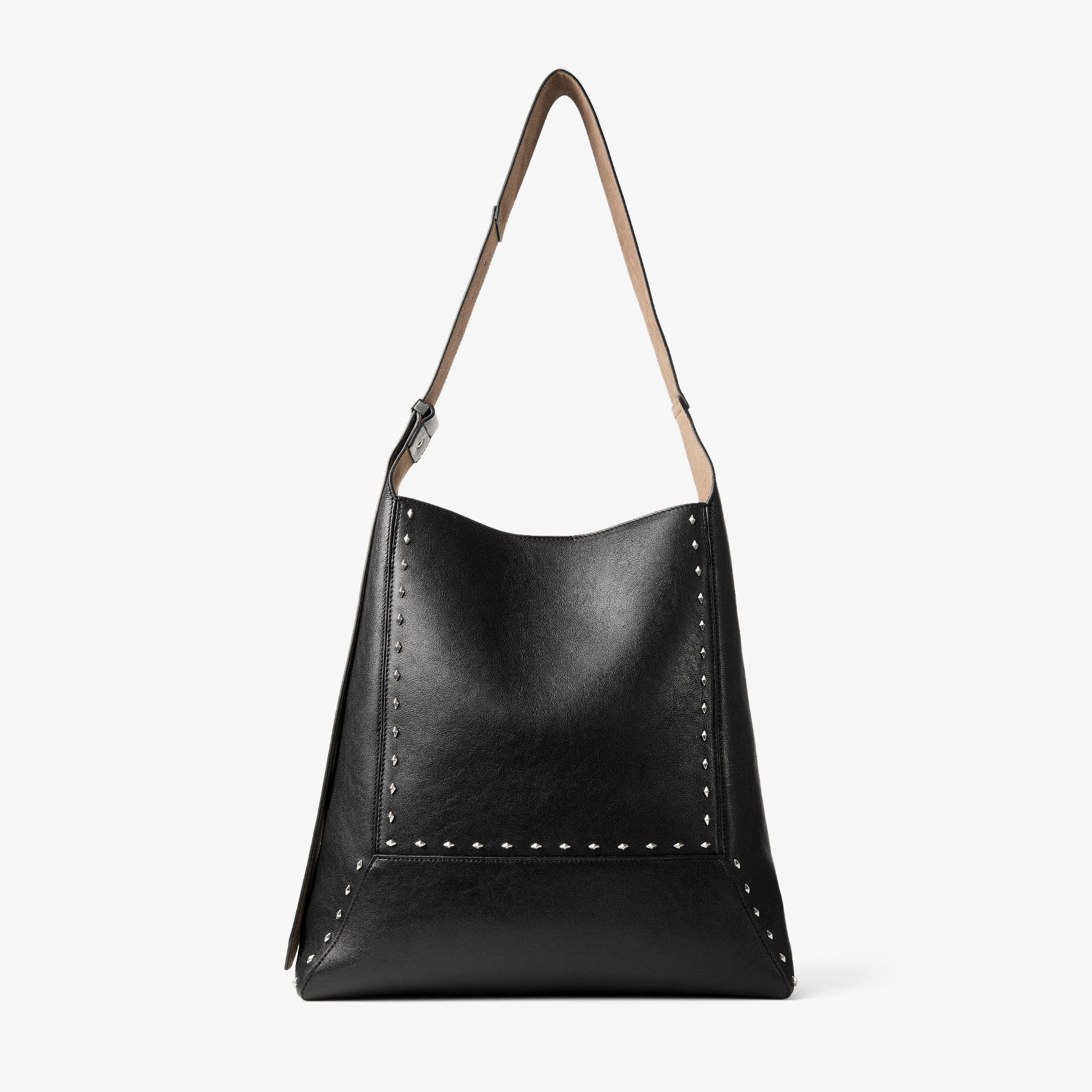 Diamond Hobo Large Black Biker Leather Shoulder Bag with Diamond