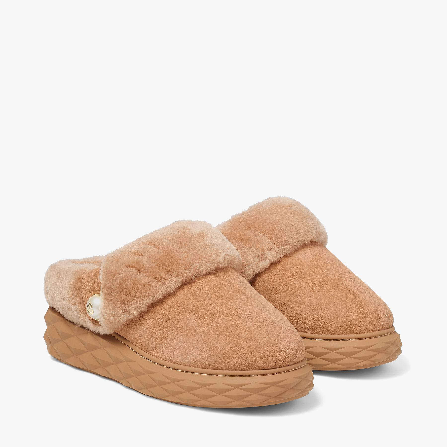 Diamond Maxi Mule F | Toffee Suede Mules with Shearling | JIMMY CHOO