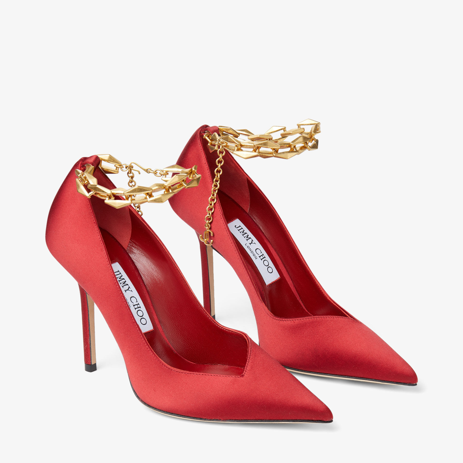 DIAMOND TALURA 100 | Royal Red Satin Pumps with Chain