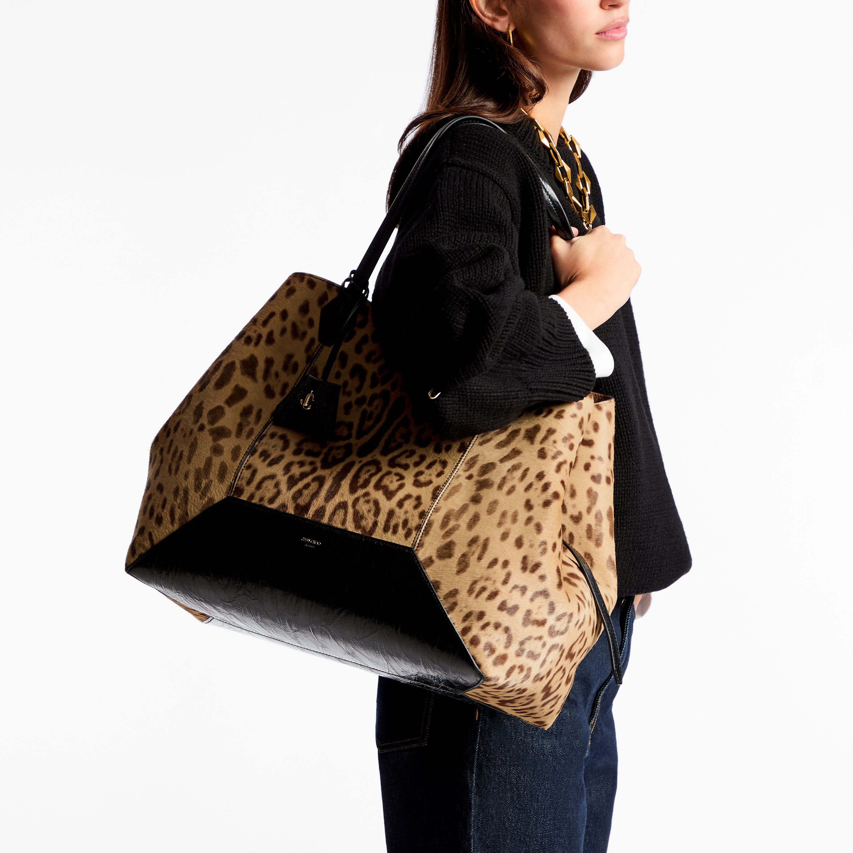 Diamond Tote/L | Natural Leopard Print Pony Tote Bag | JIMMY CHOO