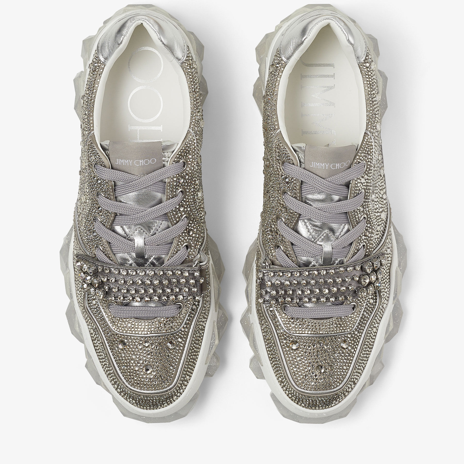 Silver Satin Low Top Trainers with Crystal Embellishment and
