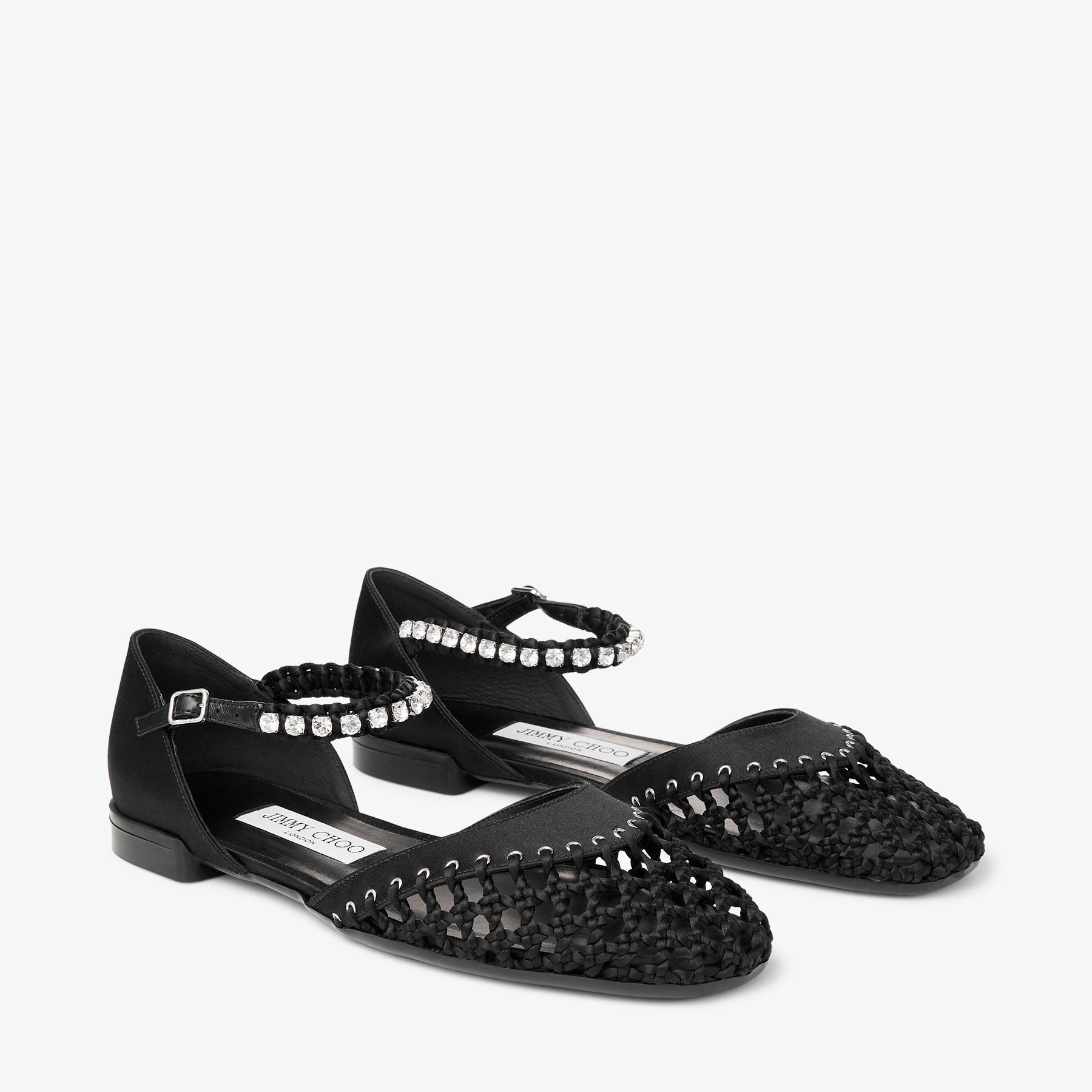 Dila Ballerina |Black Satin Ballet Flats with Crystal