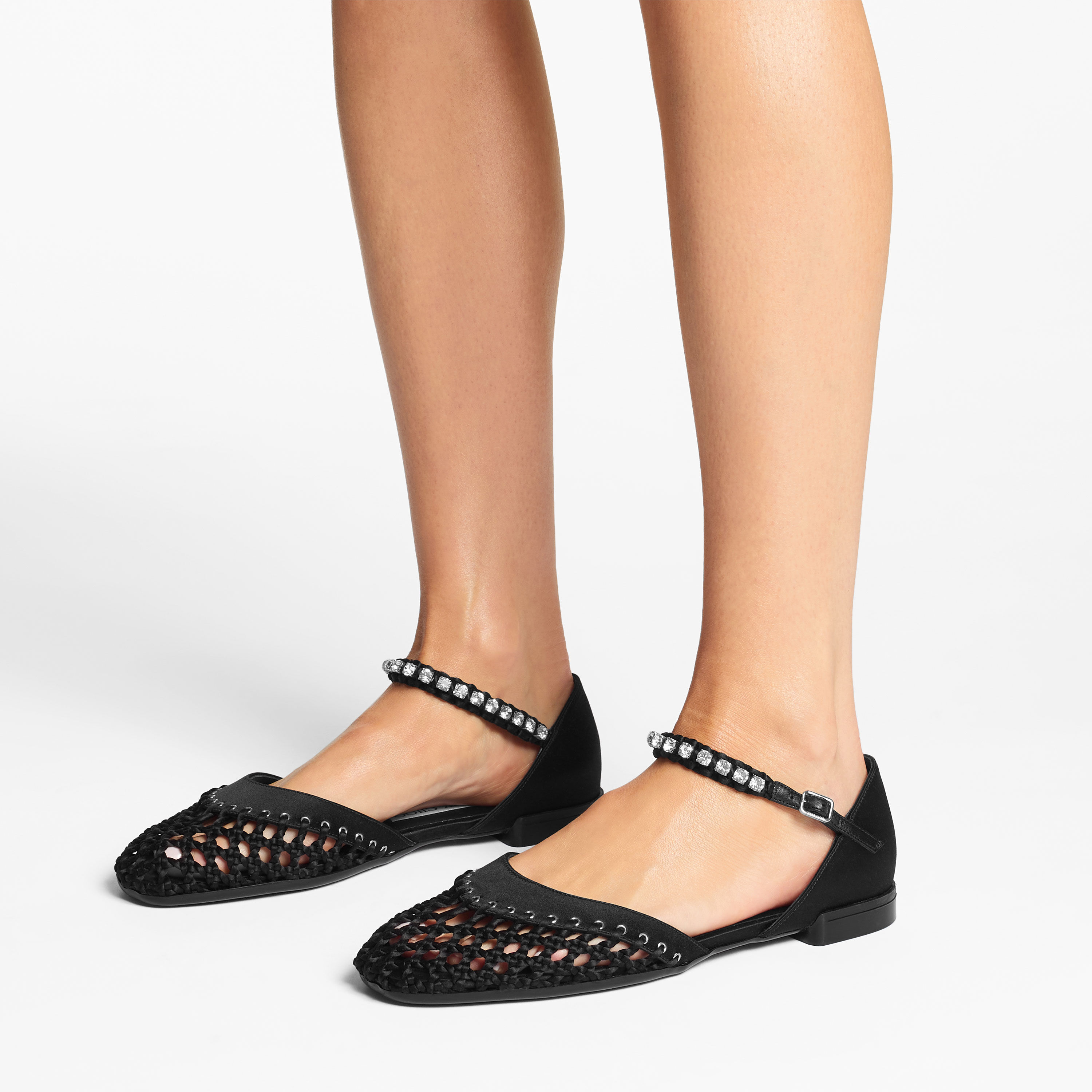 Dila Ballerina |Black Satin Ballet Flats with Crystal