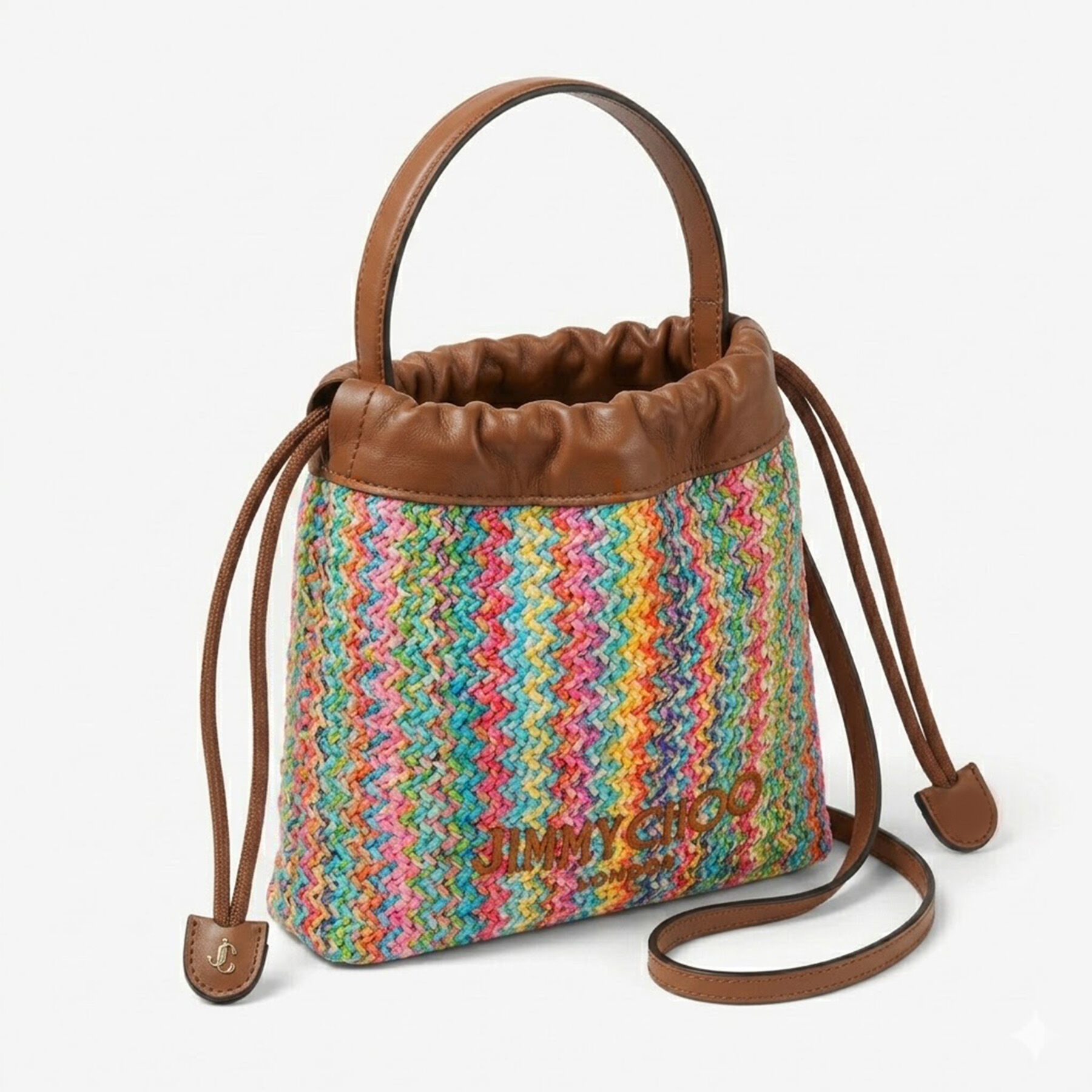 Drawstring Pouch Top Handle | Multi and Tan Chevron Raffia