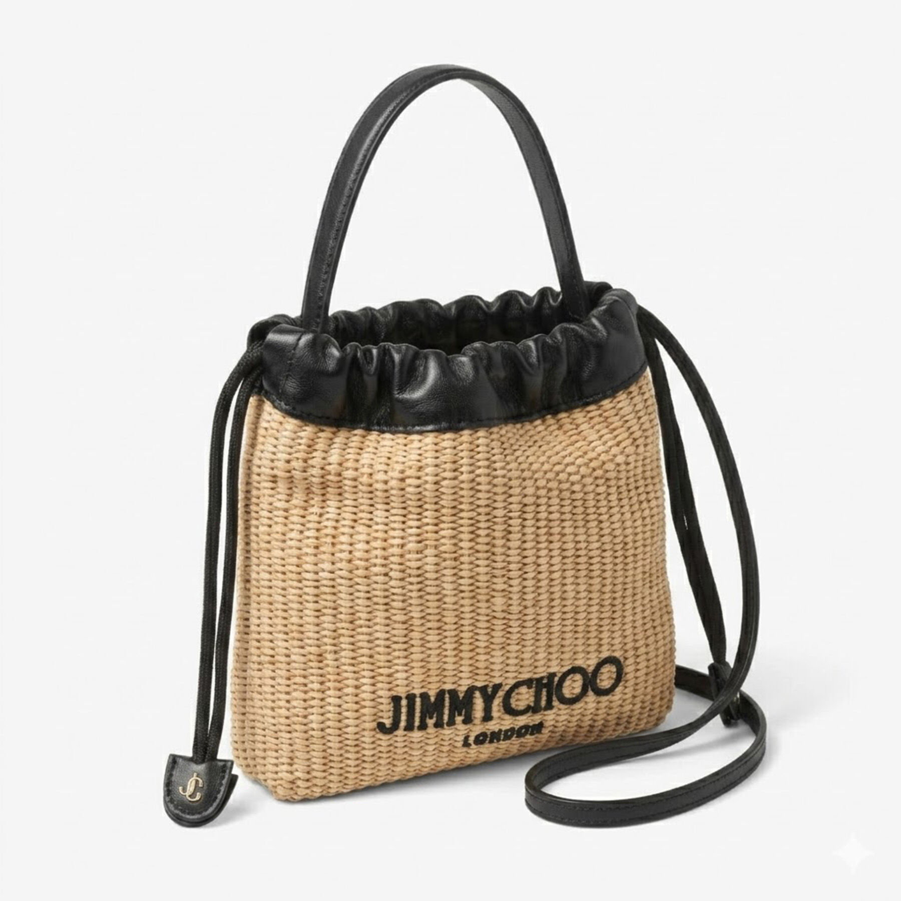 Drawstring Pouch Top Handle | Natural and Black Soft Raffia