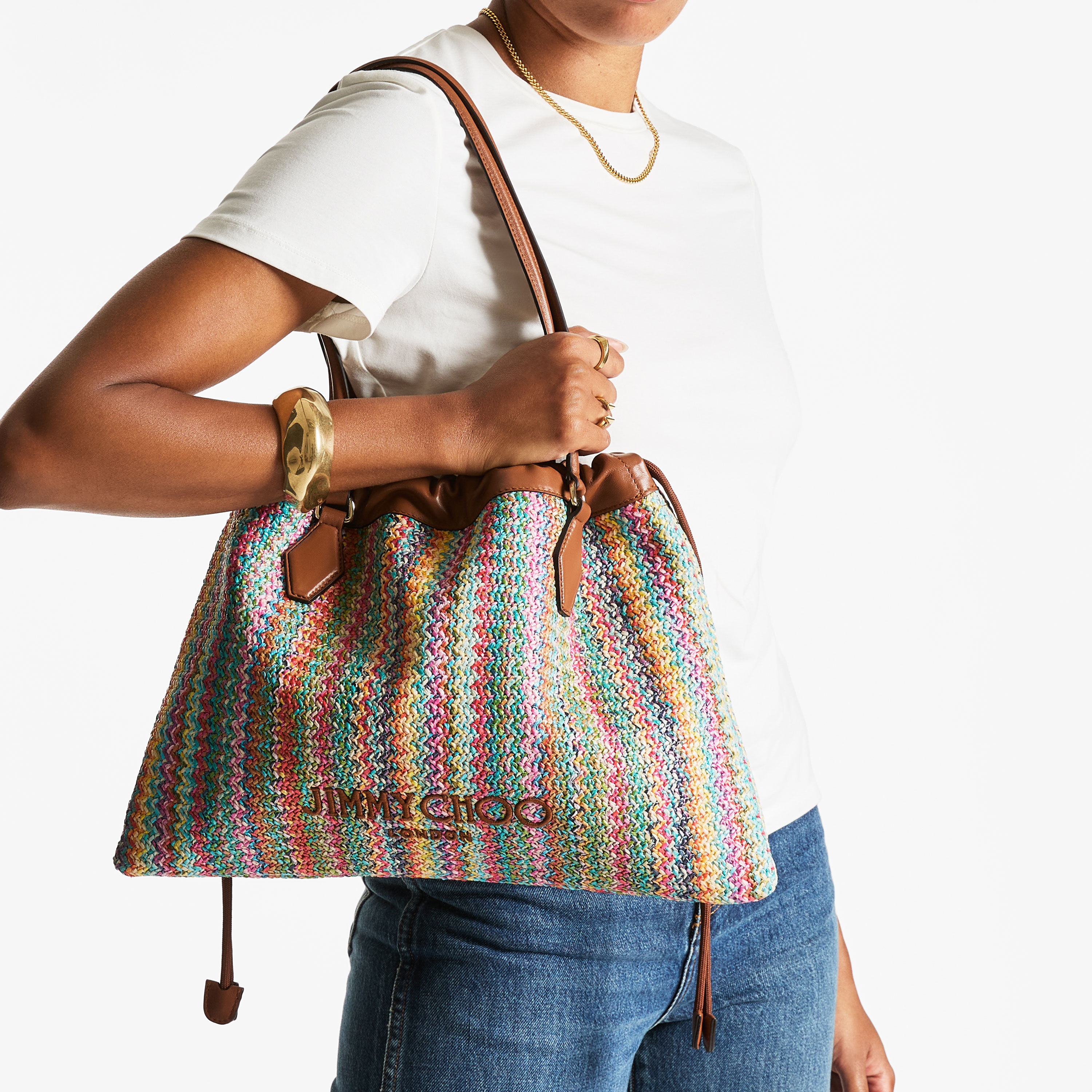 Drawstring Tote M | Multi and Tan Chevron Raffia Drawstring Tote