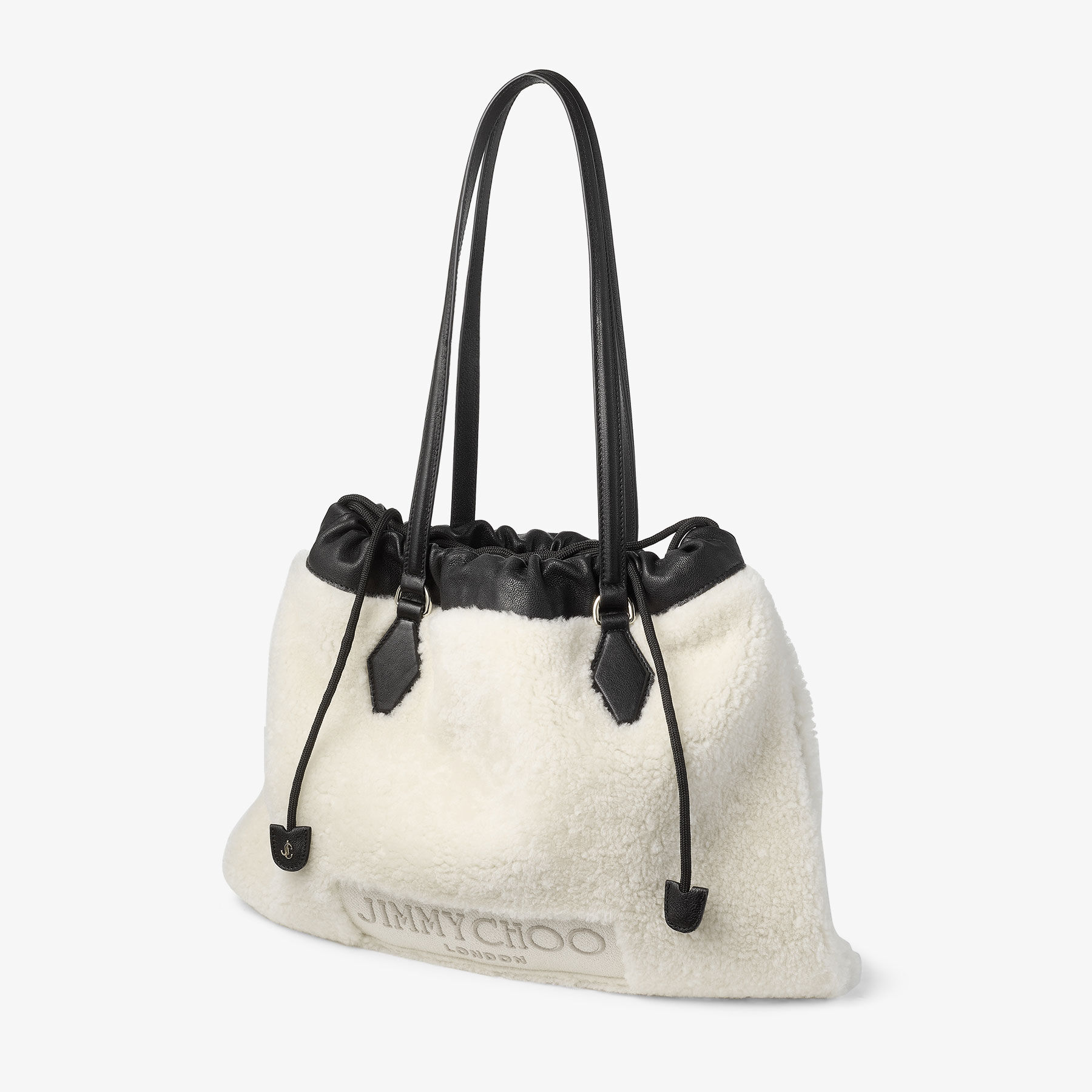 Drawstring Tote M | Natural Shearling Drawstring Tote with Leather