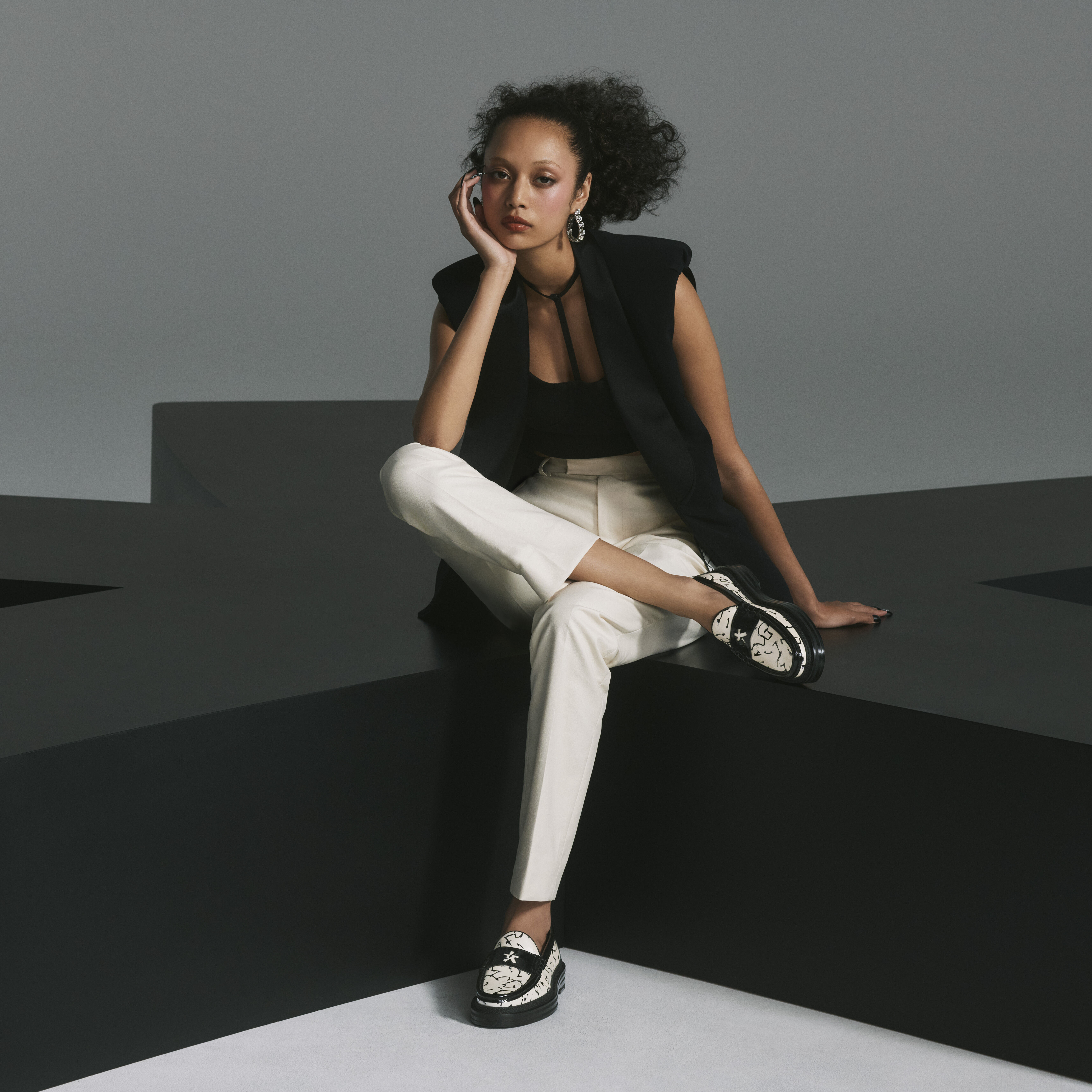 White and Black Artwork Printed Patent Leather Loafers