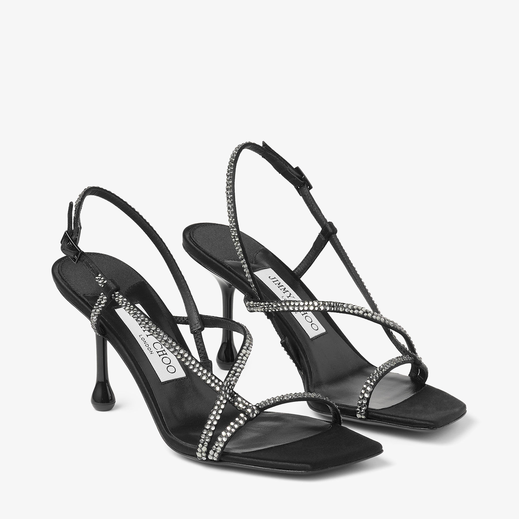 【JIMMY CHOO】 Etana 80mm サンダル ETANA 80WCH BLACK/SMOKE Etana 80 | Black Satin Crystal Sandals | JIMMY CHOO AU