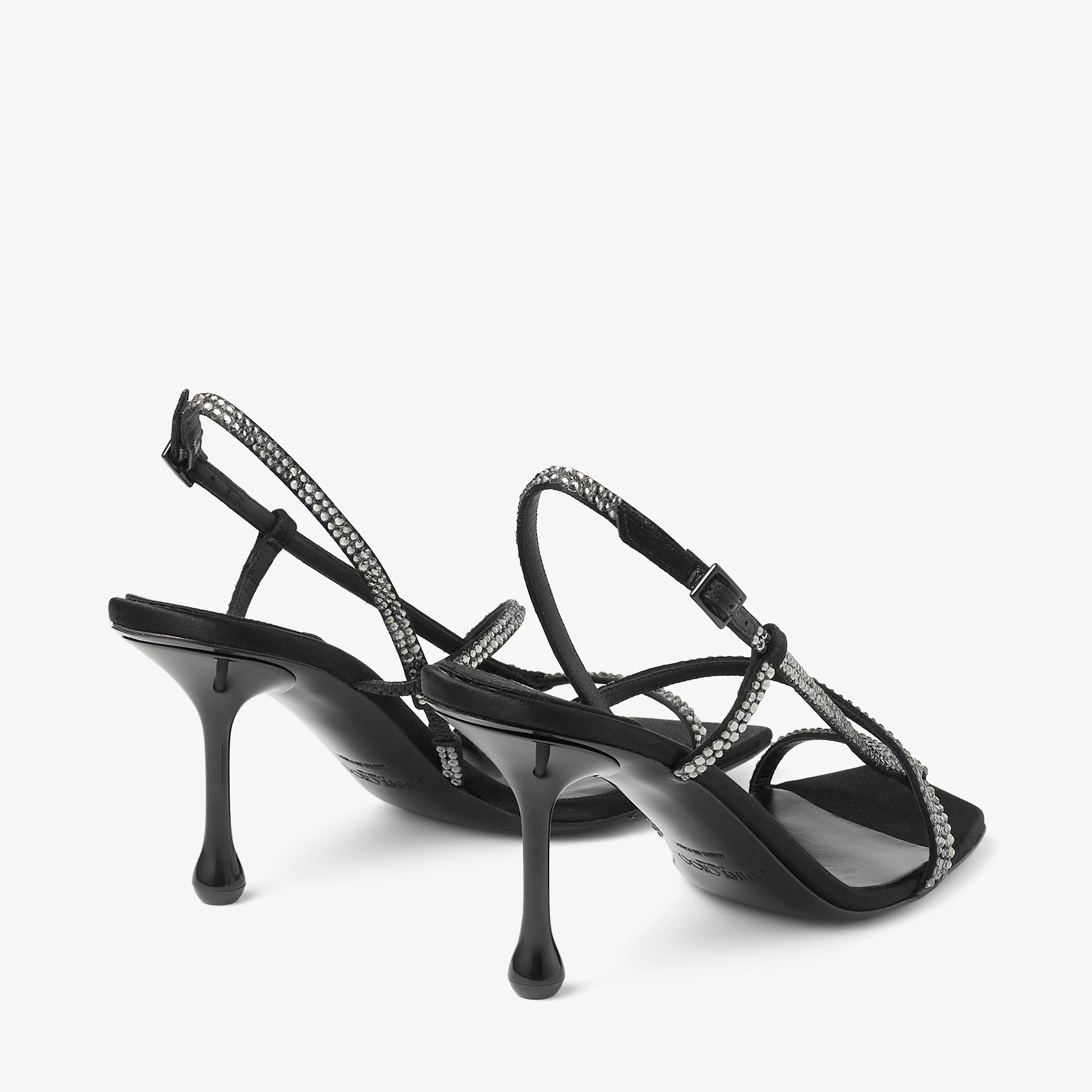 【JIMMY CHOO】 Etana 80mm サンダル ETANA 80WCH BLACK/SMOKE Etana 80 | Black Satin Crystal Sandals | JIMMY CHOO