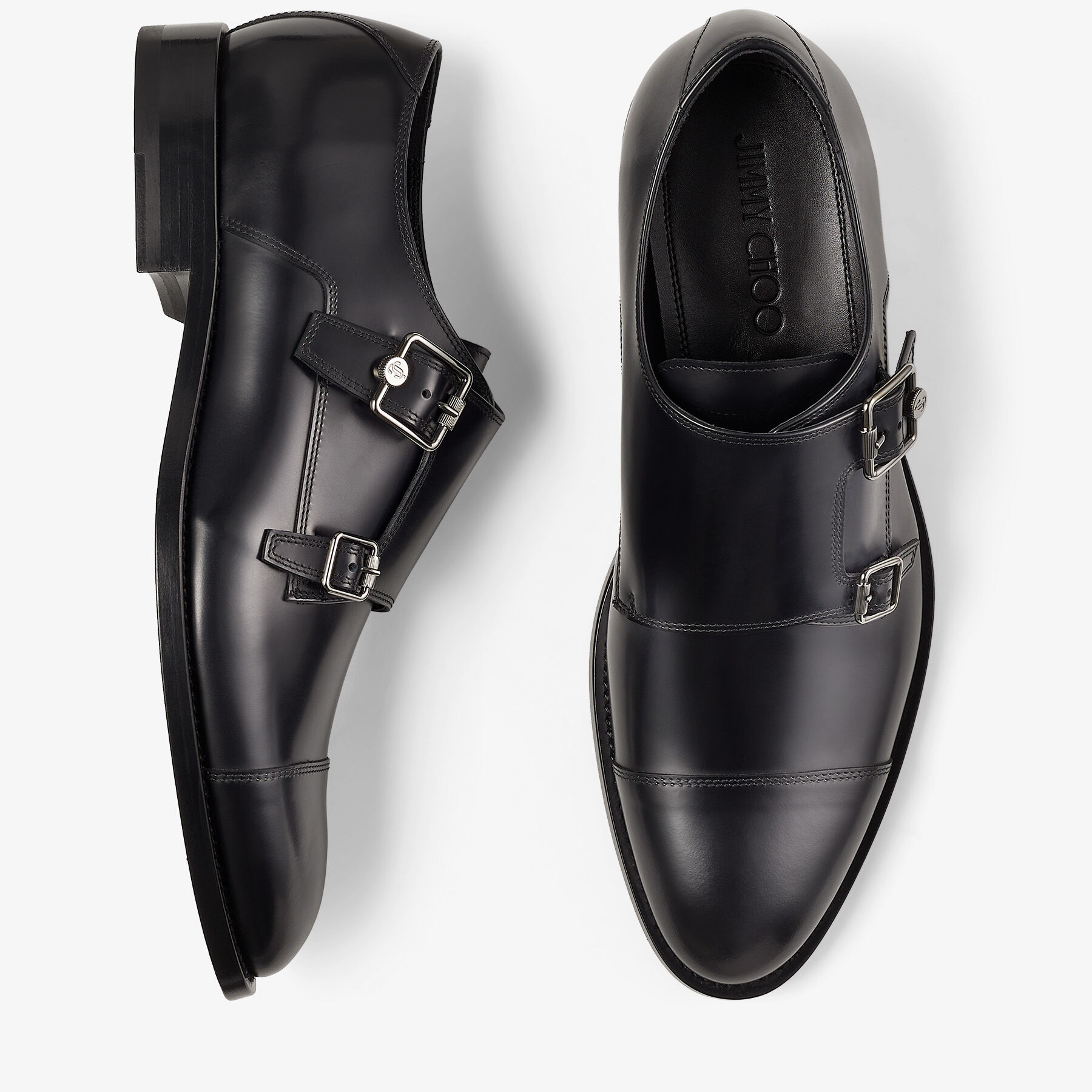 Black Brush Off Leather Monk Strap Shoes FINNION MONKSTRAP