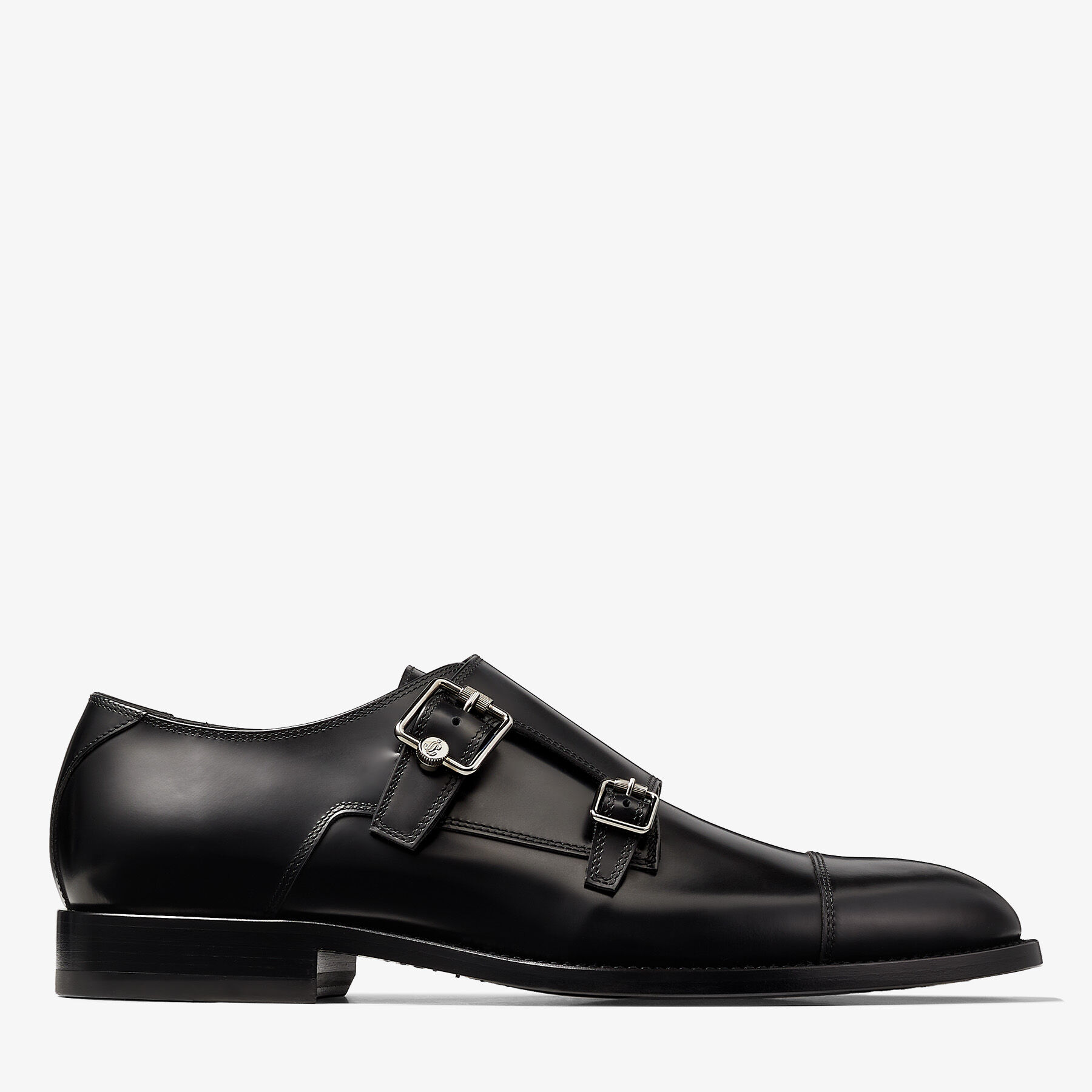 Black Brush Off Leather Monk Strap Shoes | FINNION MONKSTRAP