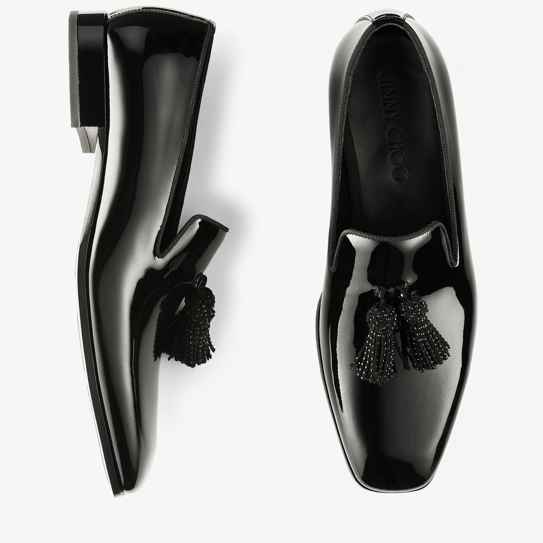 FOXLEY/M | Black Patent Slip-On Shoes with Crystal Tassels