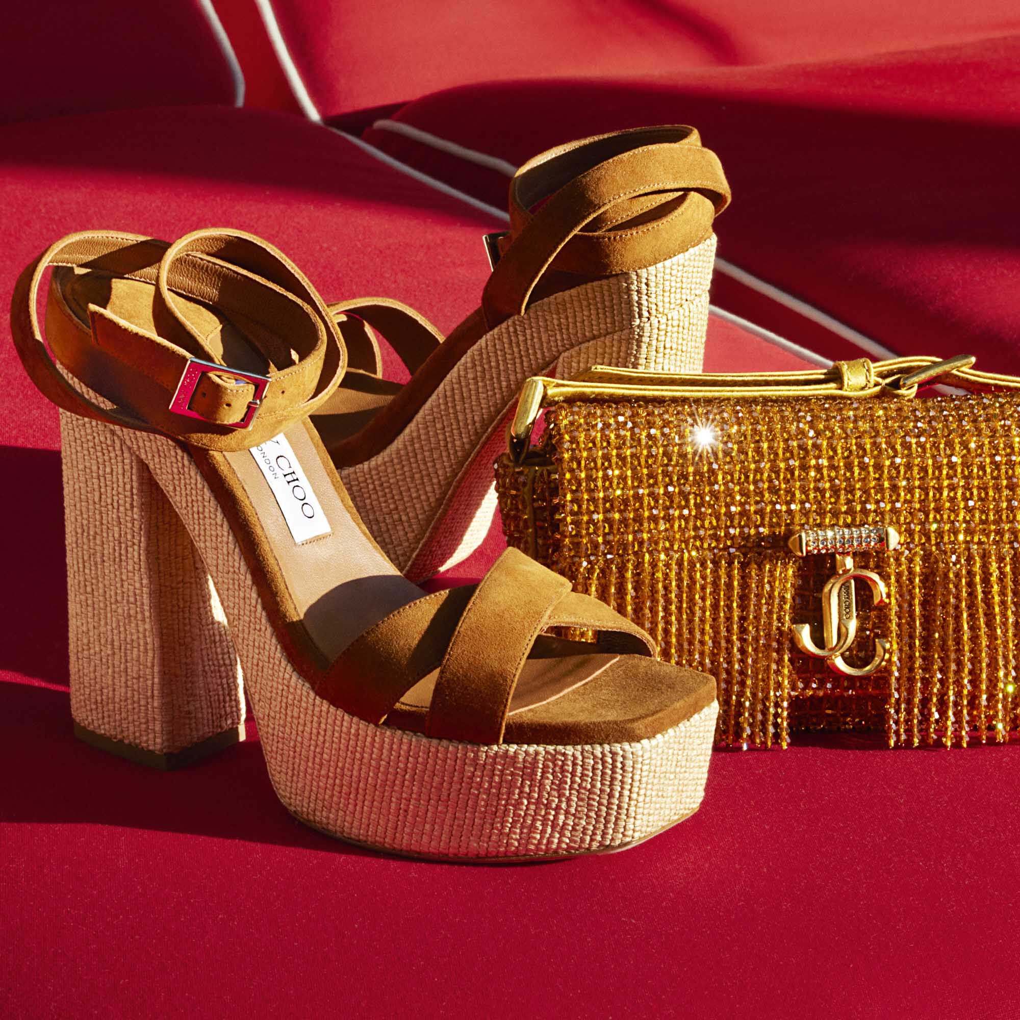サンダル・ミュール JIMMY CHOO GAIA140 SUEDE W RAFFIA PLATFORM SANDAL GAIA 140 | Sunflower Suede and Natural Raffia Platform