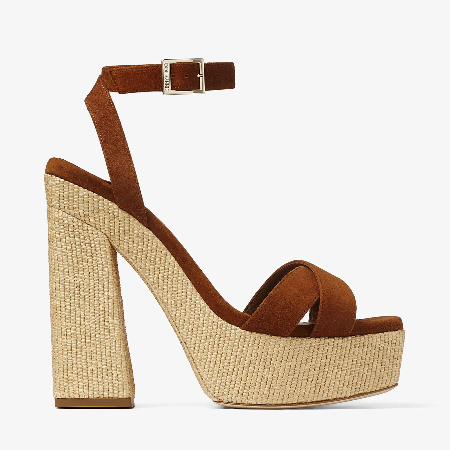 サンダル・ミュール JIMMY CHOO GAIA140 SUEDE W RAFFIA PLATFORM SANDAL GAIA 140 | Sunflower Suede and Natural Raffia Platform