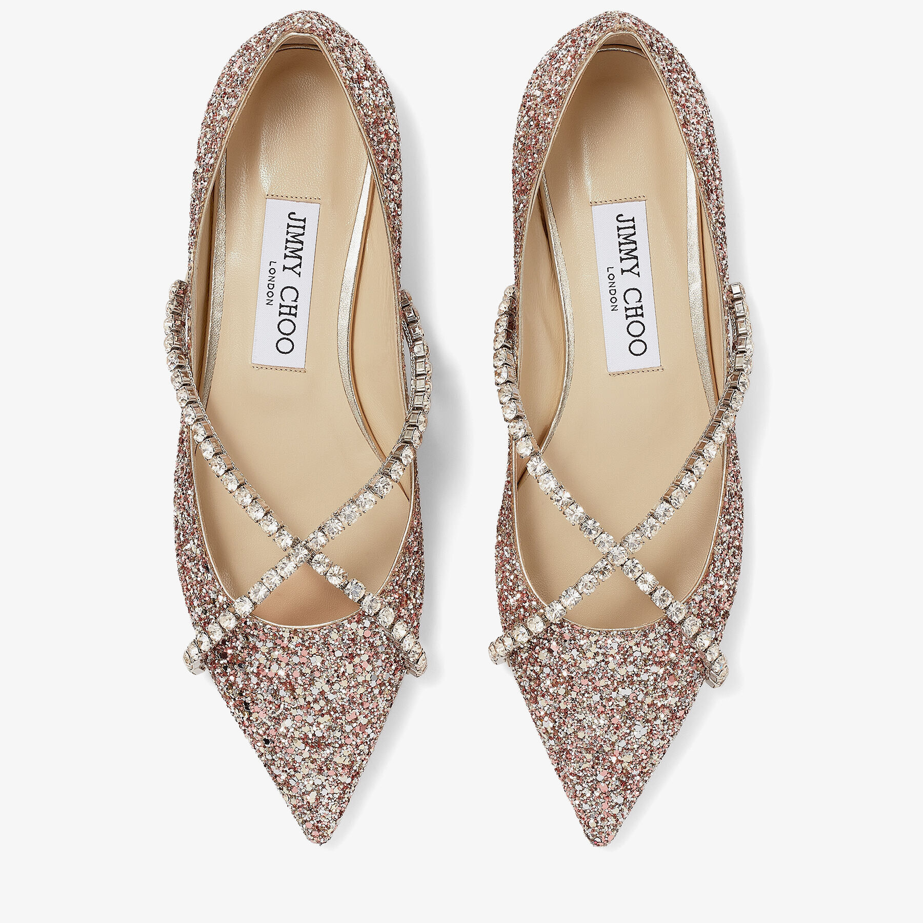 Rose Coarse Glitter Fabric Pointed-Toe Flats with Crystal