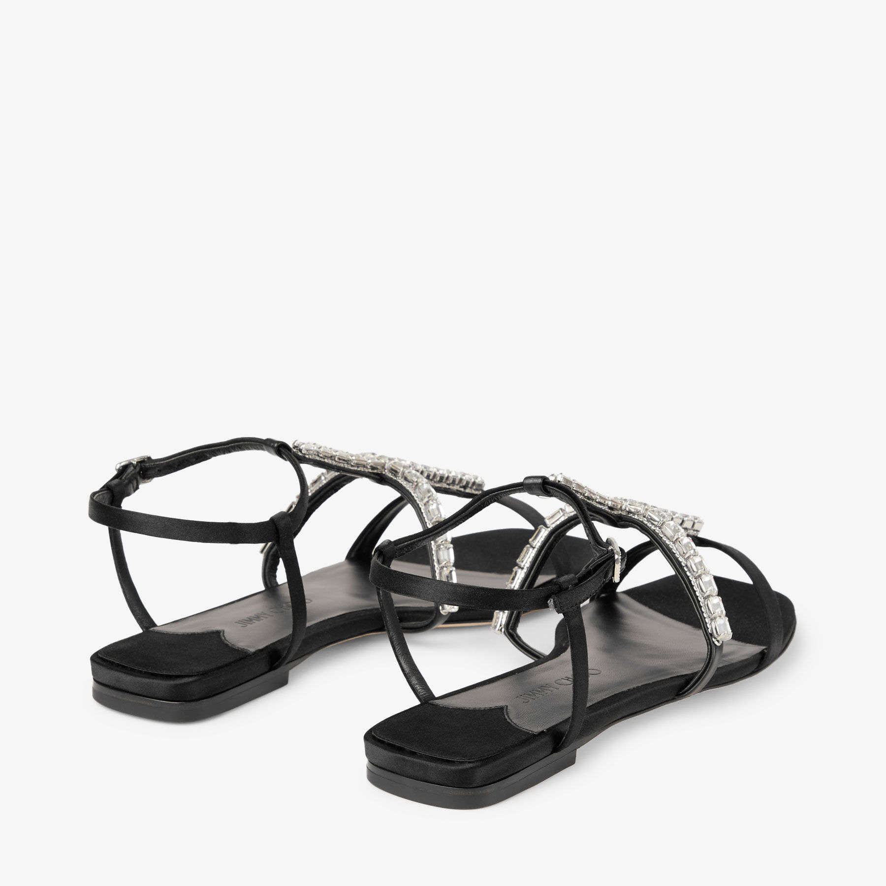 Gwyn Flat | Black Satin Sandal with Crystal Embellishments