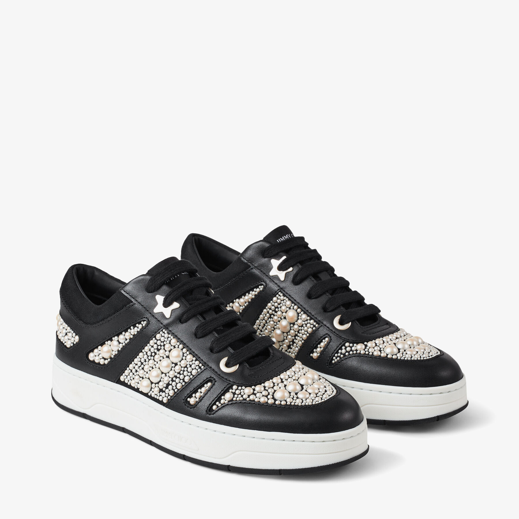 JIMMY CHOO ADDIEJCXXFBLACK 関税送料込 Black Calf Leather and Canvas Low Top Trainers with Pearl